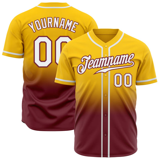 Custom Yellow White-Burgundy Authentic Fade Fashion Baseball Jersey - Main View