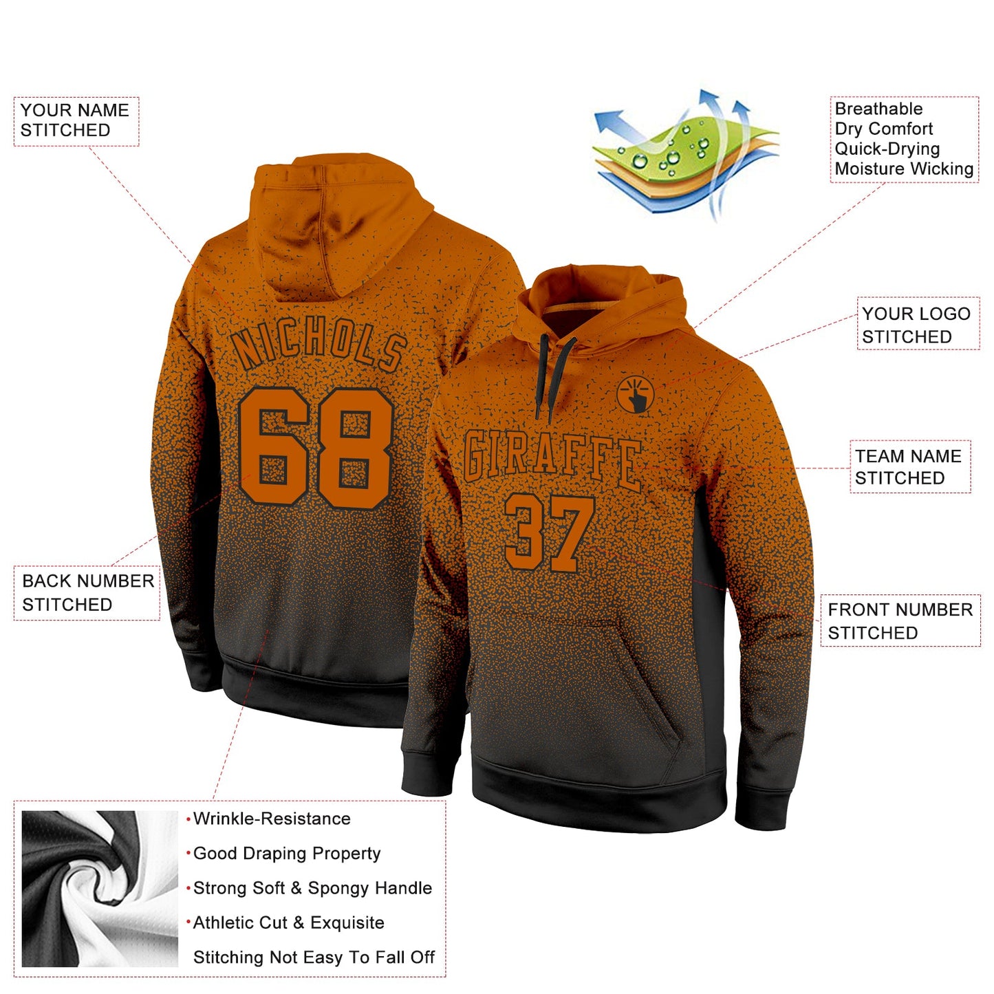 Custom Stitched Texas Orange Texas Orange-Black Fade Fashion Sports Pullover Sweatshirt Hoodie view 2
