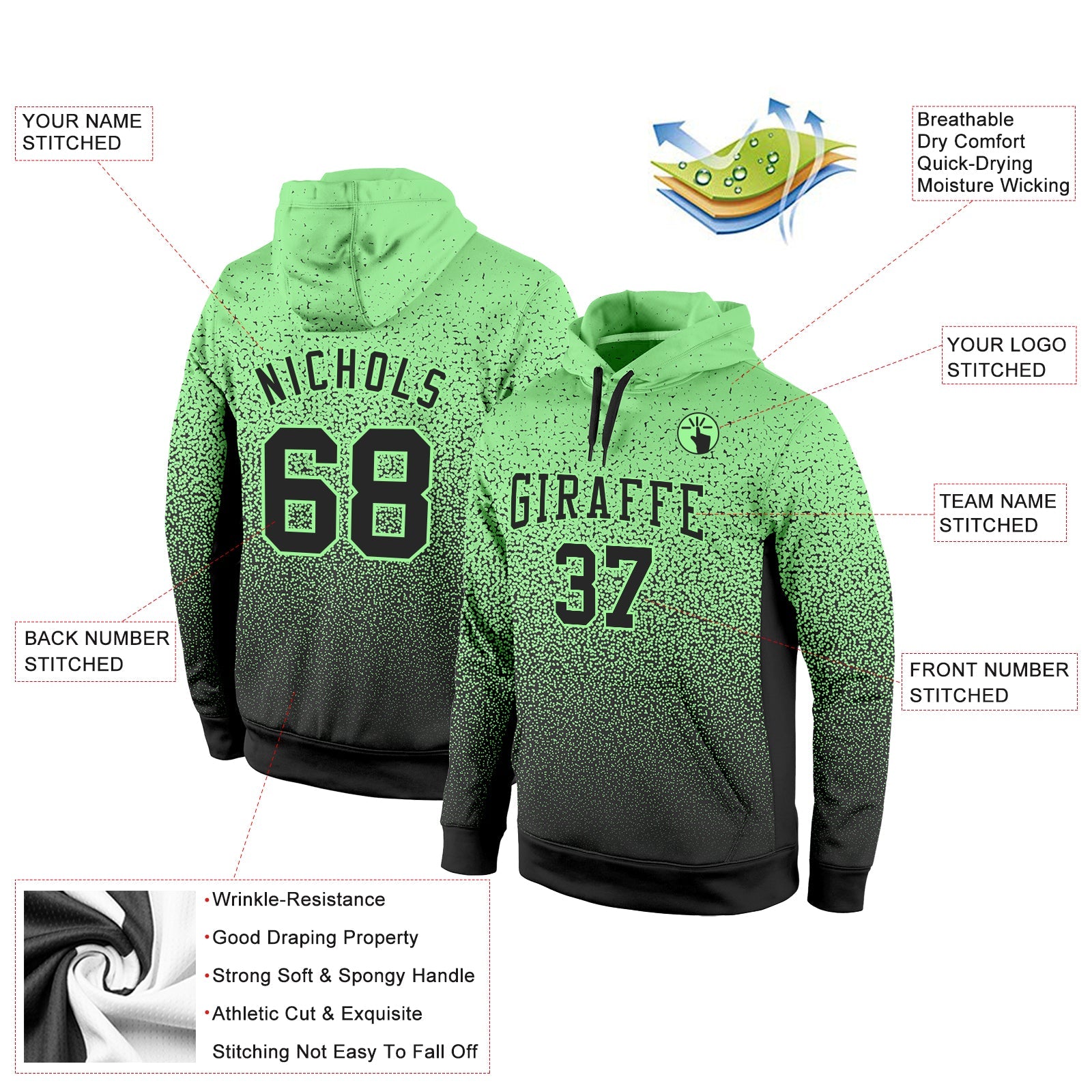 Custom Stitched Pea Green Black Fade Fashion Sports Pullover Sweatshirt Hoodie view 2