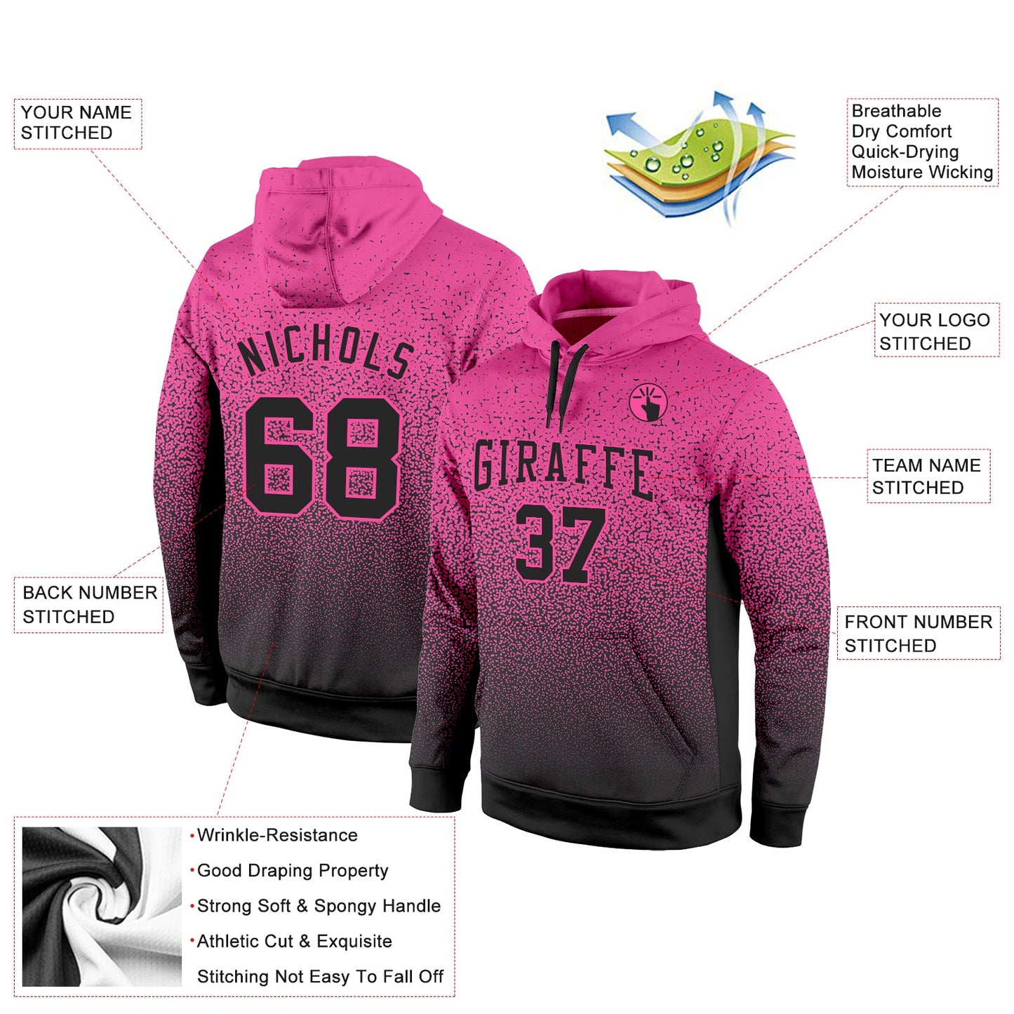 Custom Stitched Pink Black Fade Fashion Sports Pullover Sweatshirt Hoodie view 2