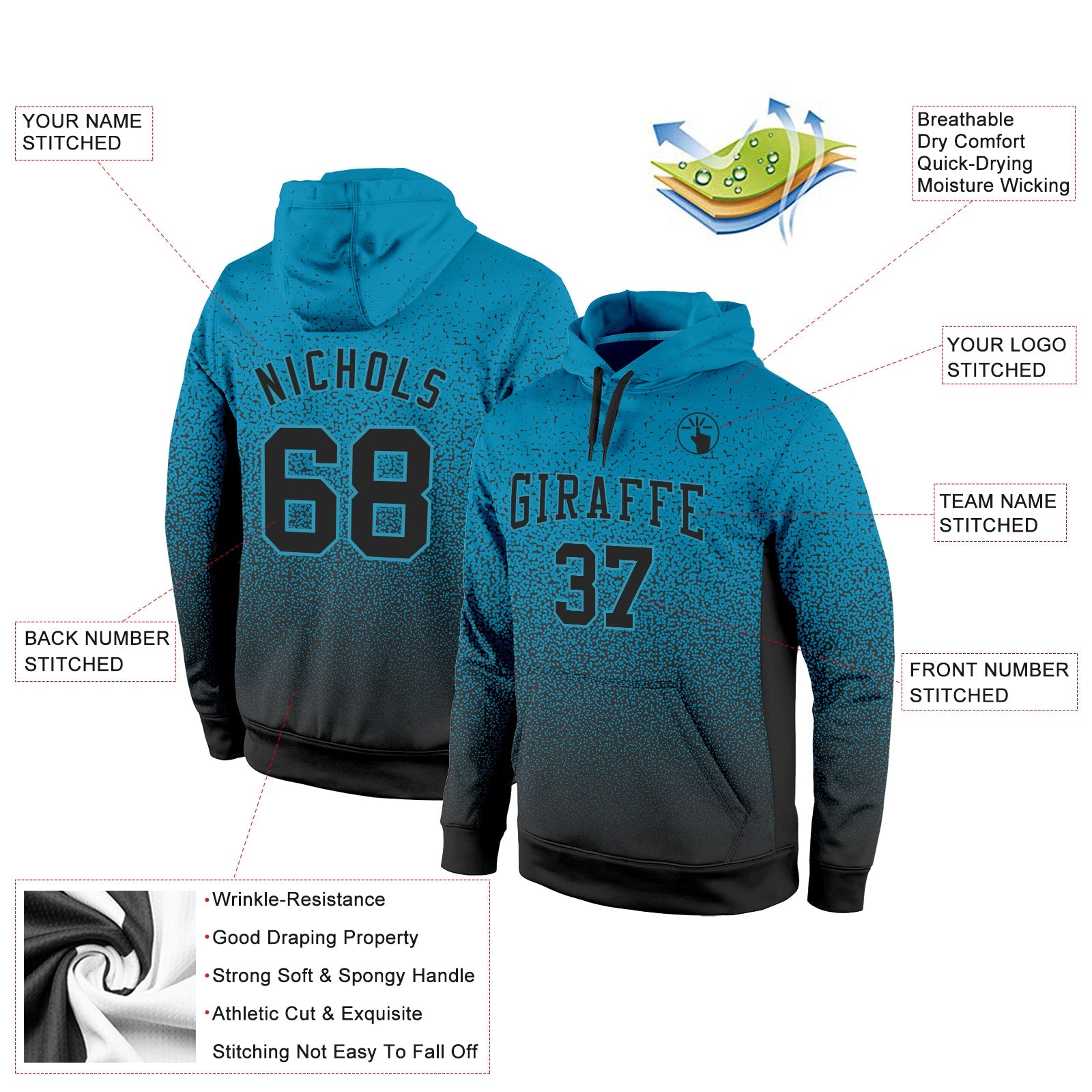 Custom Stitched Panther Blue Black Fade Fashion Sports Pullover Sweatshirt Hoodie view 2