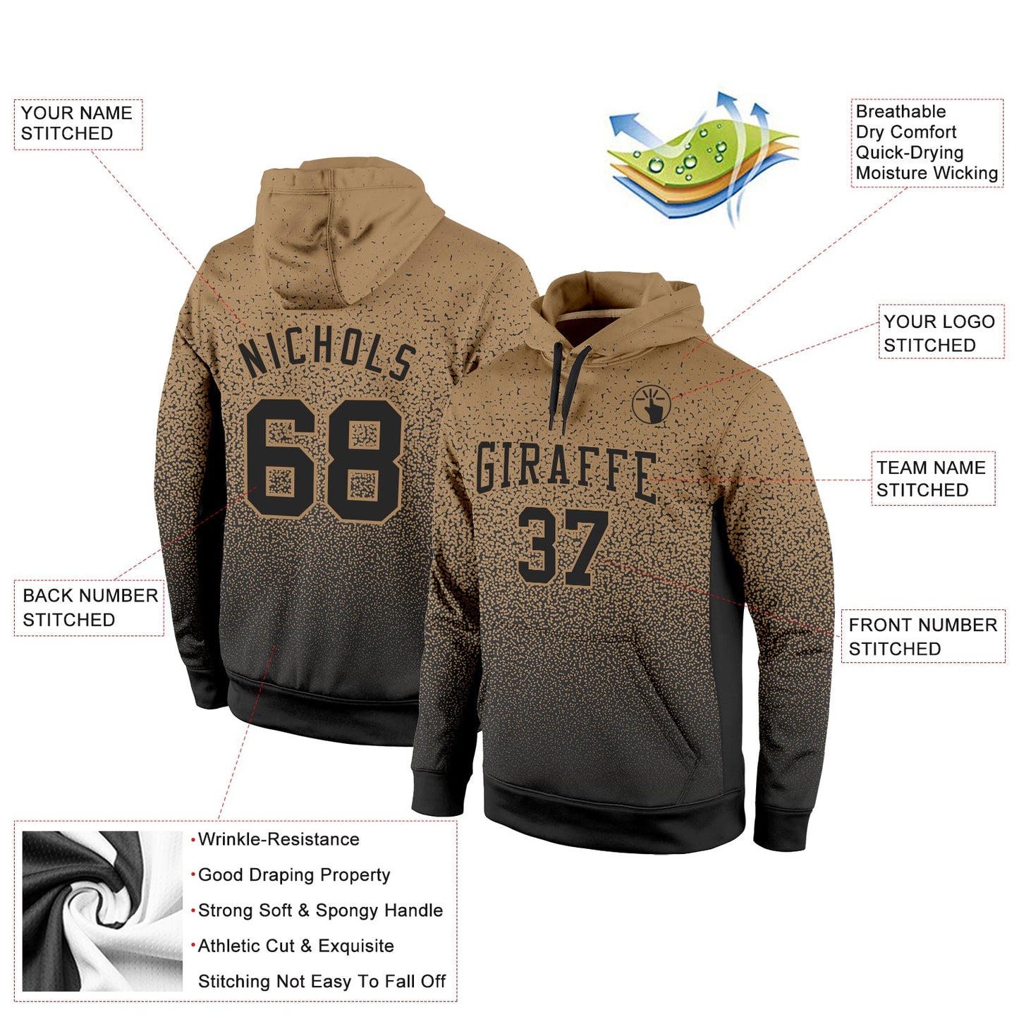 Custom Stitched Old Gold Black Fade Fashion Sports Pullover Sweatshirt Hoodie view 2
