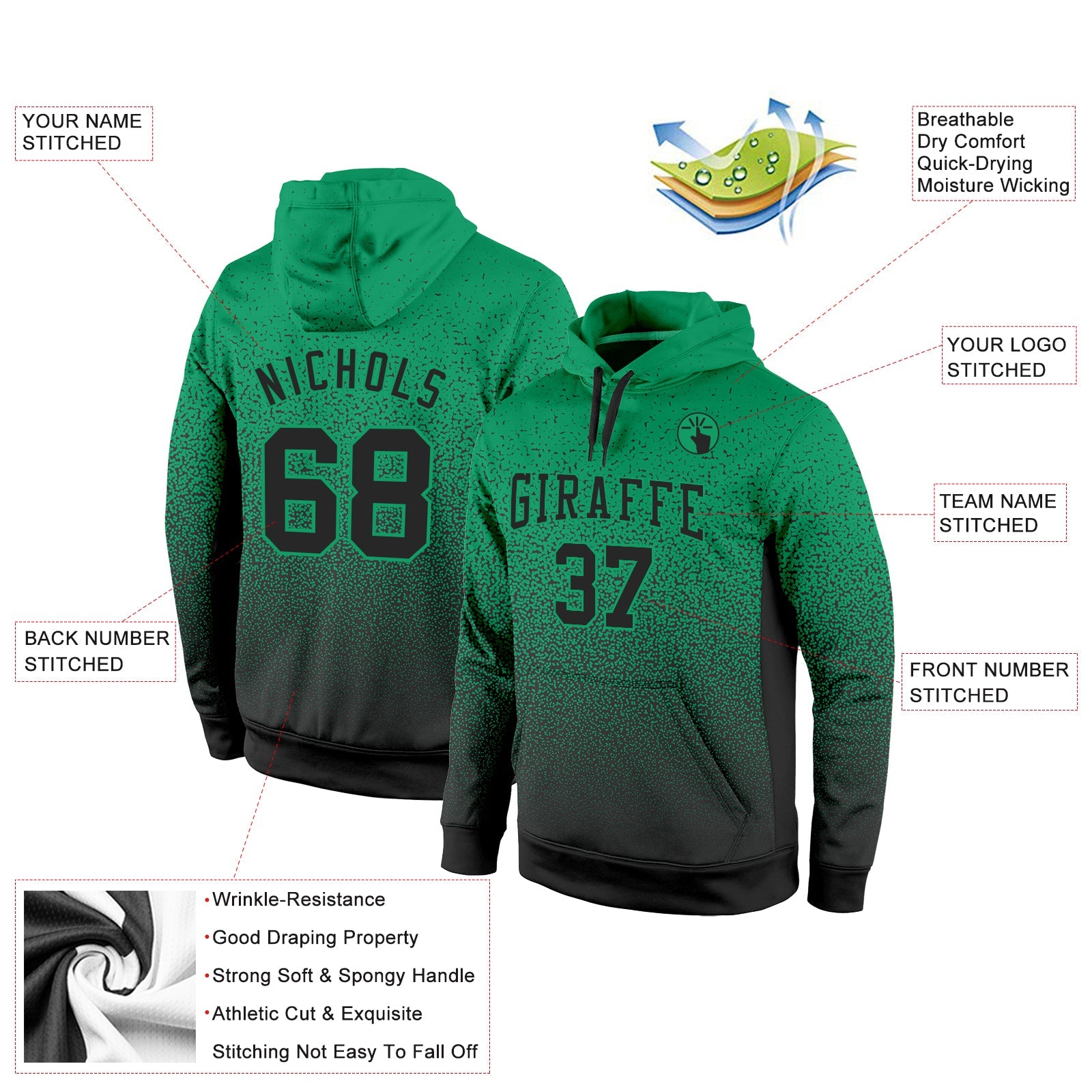 Custom Stitched Kelly Green Black Fade Fashion Sports Pullover Sweatshirt Hoodie view 2