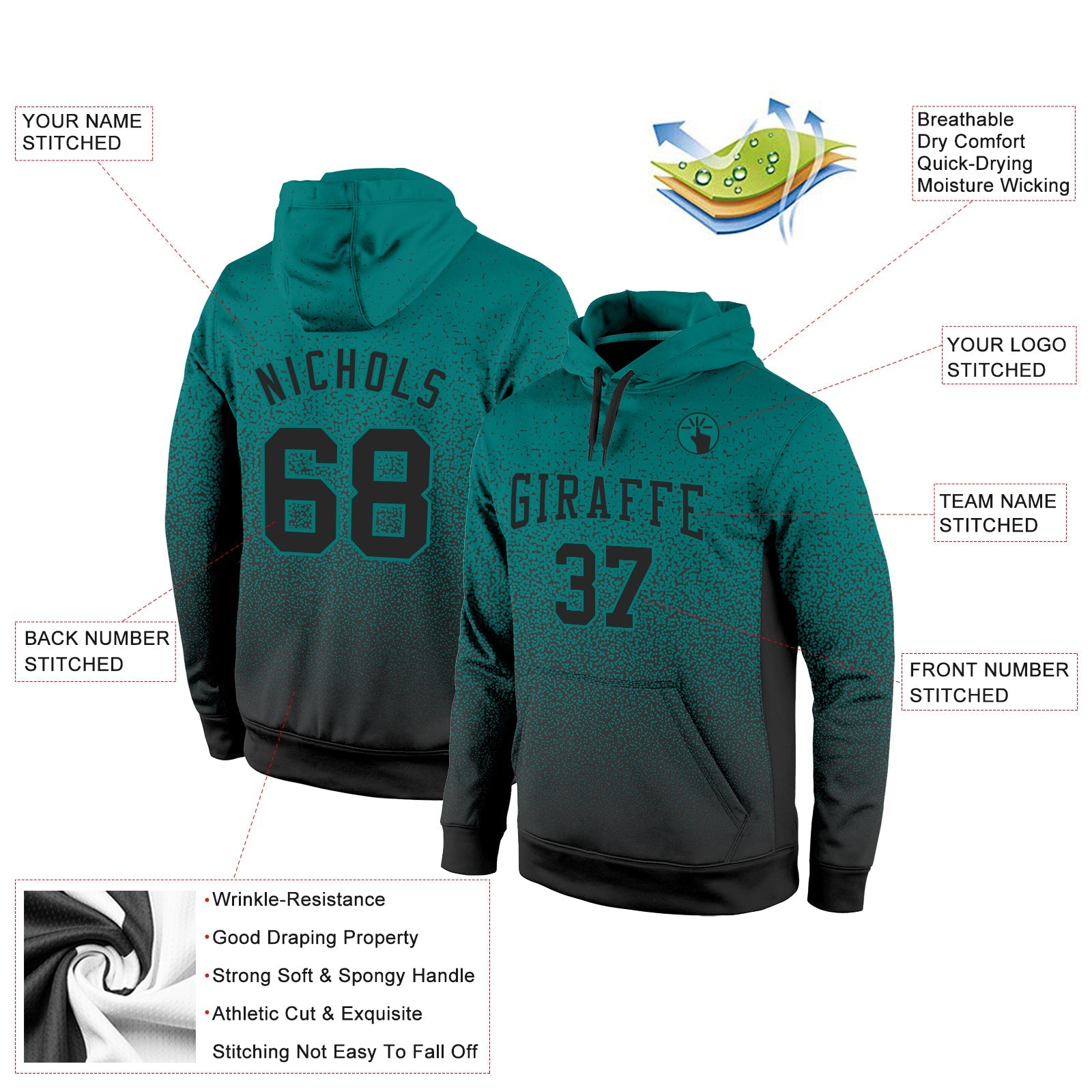 Custom Stitched Aqua Black Fade Fashion Sports Pullover Sweatshirt Hoodie view 2