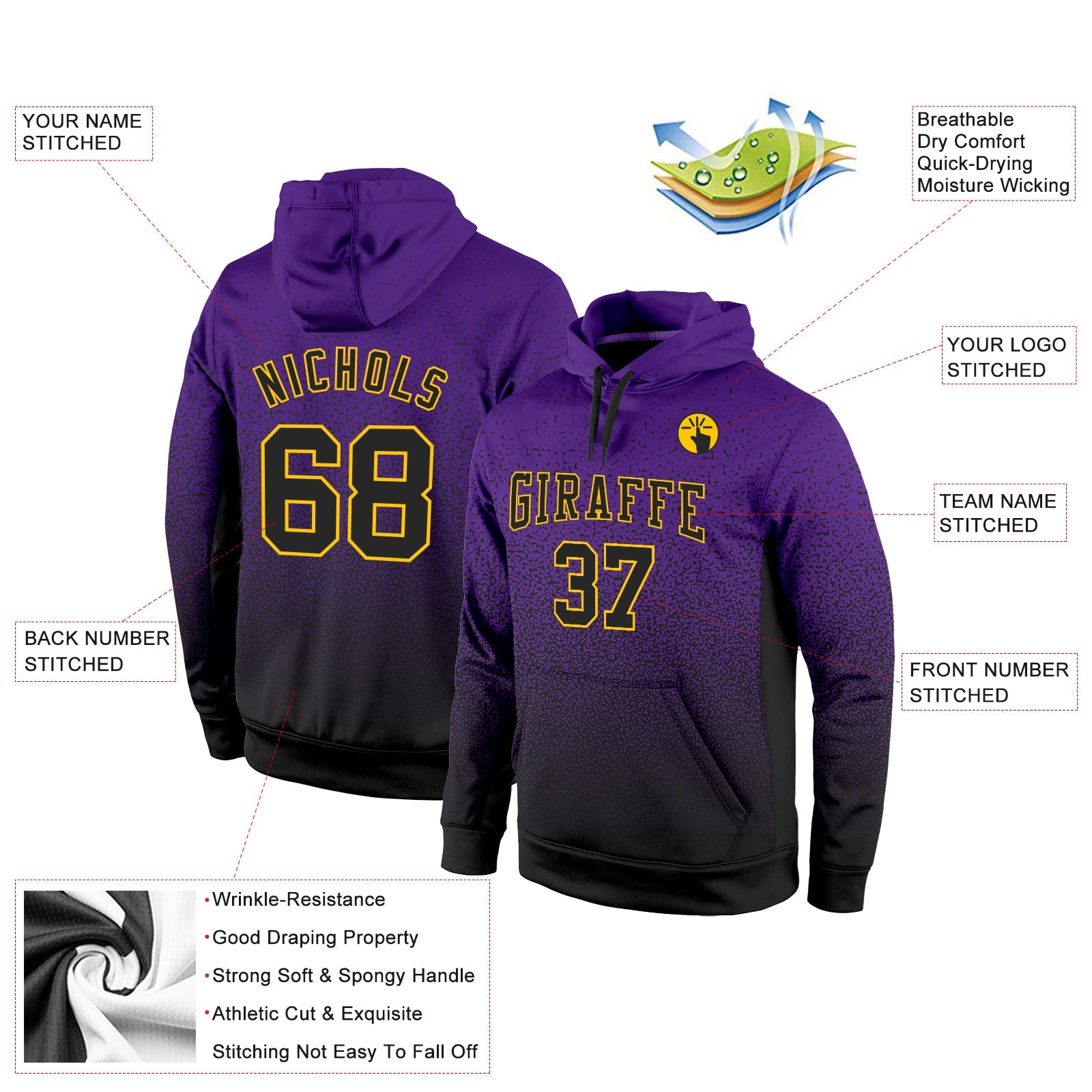 Custom Stitched Purple Black-Gold Fade Fashion Sports Pullover Sweatshirt Hoodie view 2