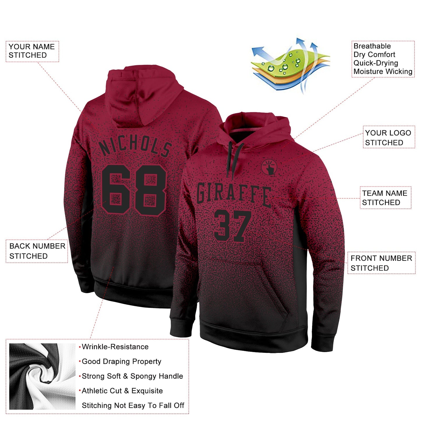 Custom Stitched Cardinal Black Fade Fashion Sports Pullover Sweatshirt Hoodie view 2
