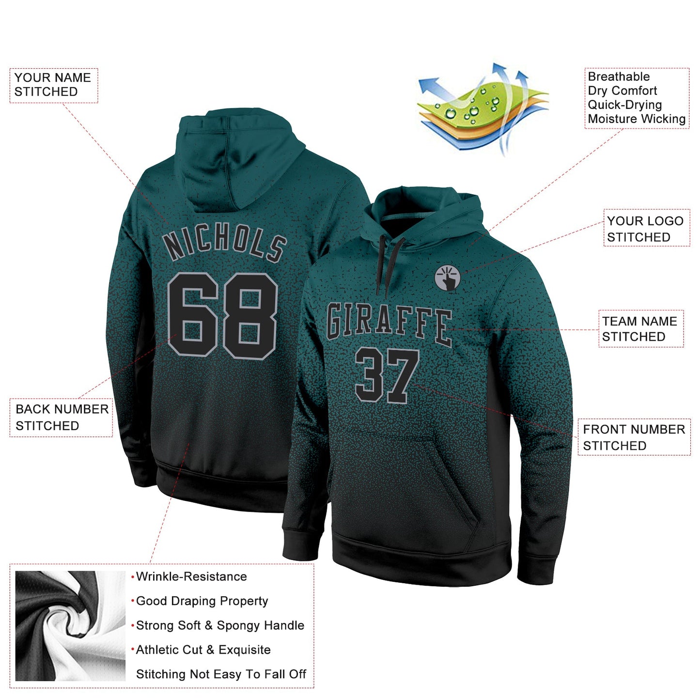 Custom Stitched Midnight Green Black-Gray Fade Fashion Sports Pullover Sweatshirt Hoodie view 2