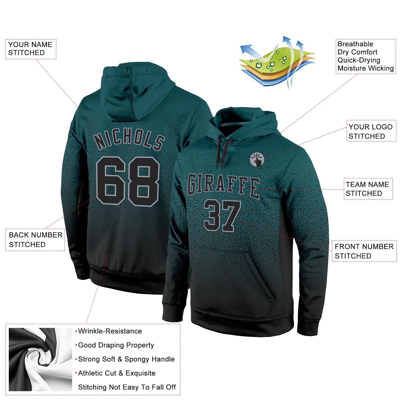 Custom Stitched Midnight Green Black-Gray Fade Fashion Sports Pullover Sweatshirt Hoodie view 2