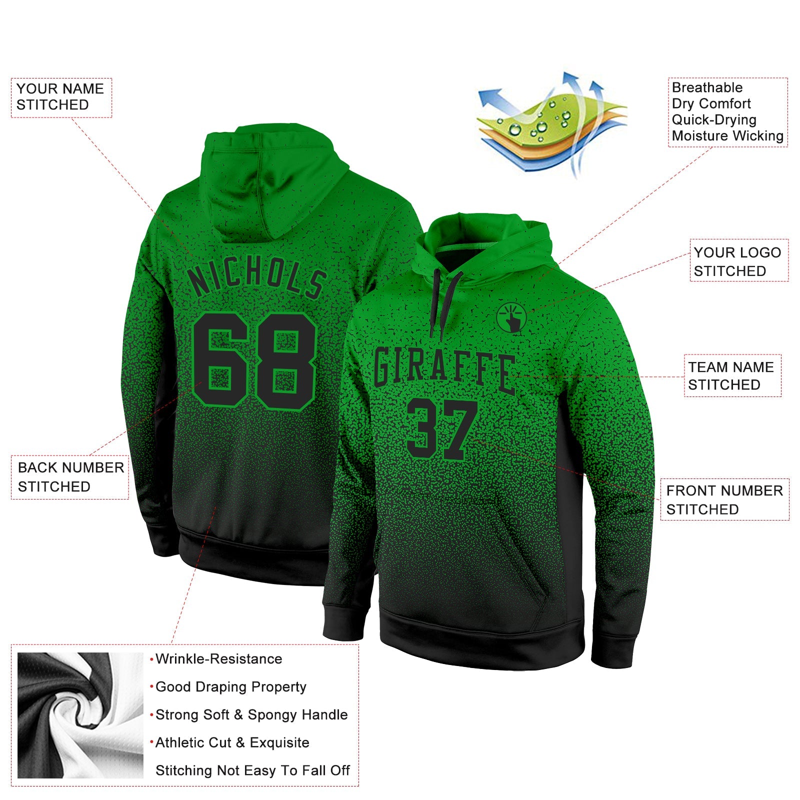 Custom Stitched Grass Green Black Fade Fashion Sports Pullover Sweatshirt Hoodie view 2