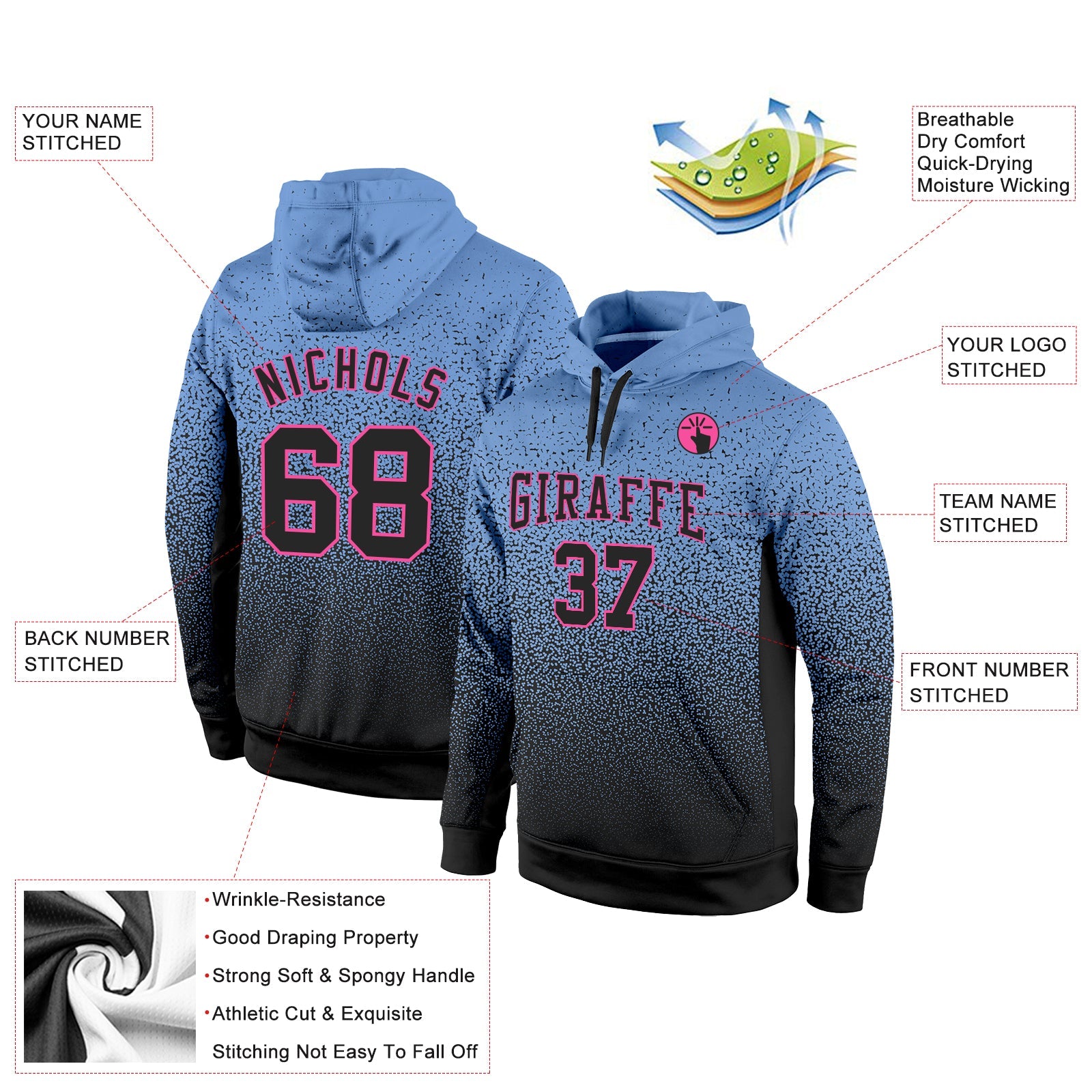 Custom Stitched Light Blue Black-Pink Fade Fashion Sports Pullover Sweatshirt Hoodie view 2