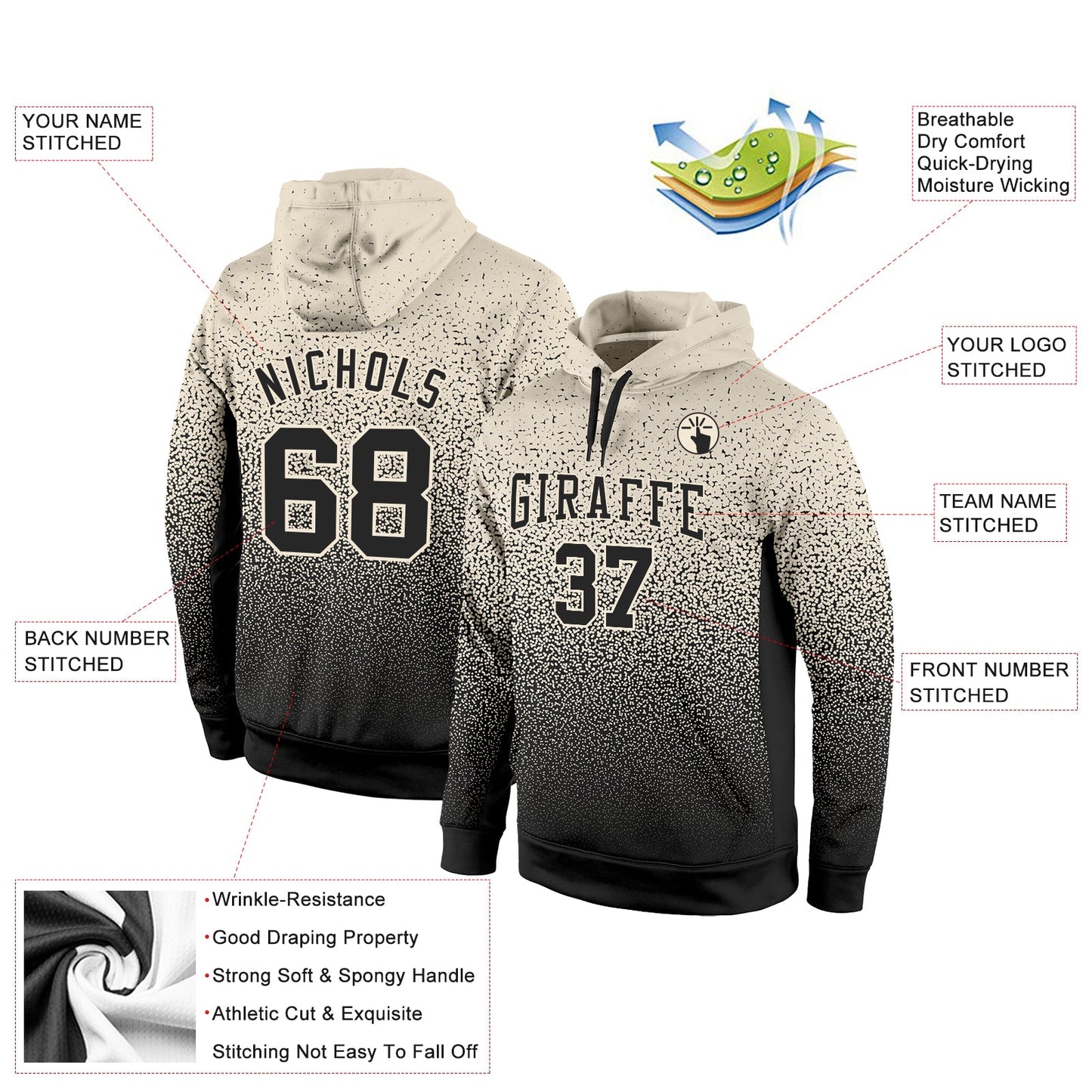 Custom Stitched Cream Black Fade Fashion Sports Pullover Sweatshirt Hoodie view 2