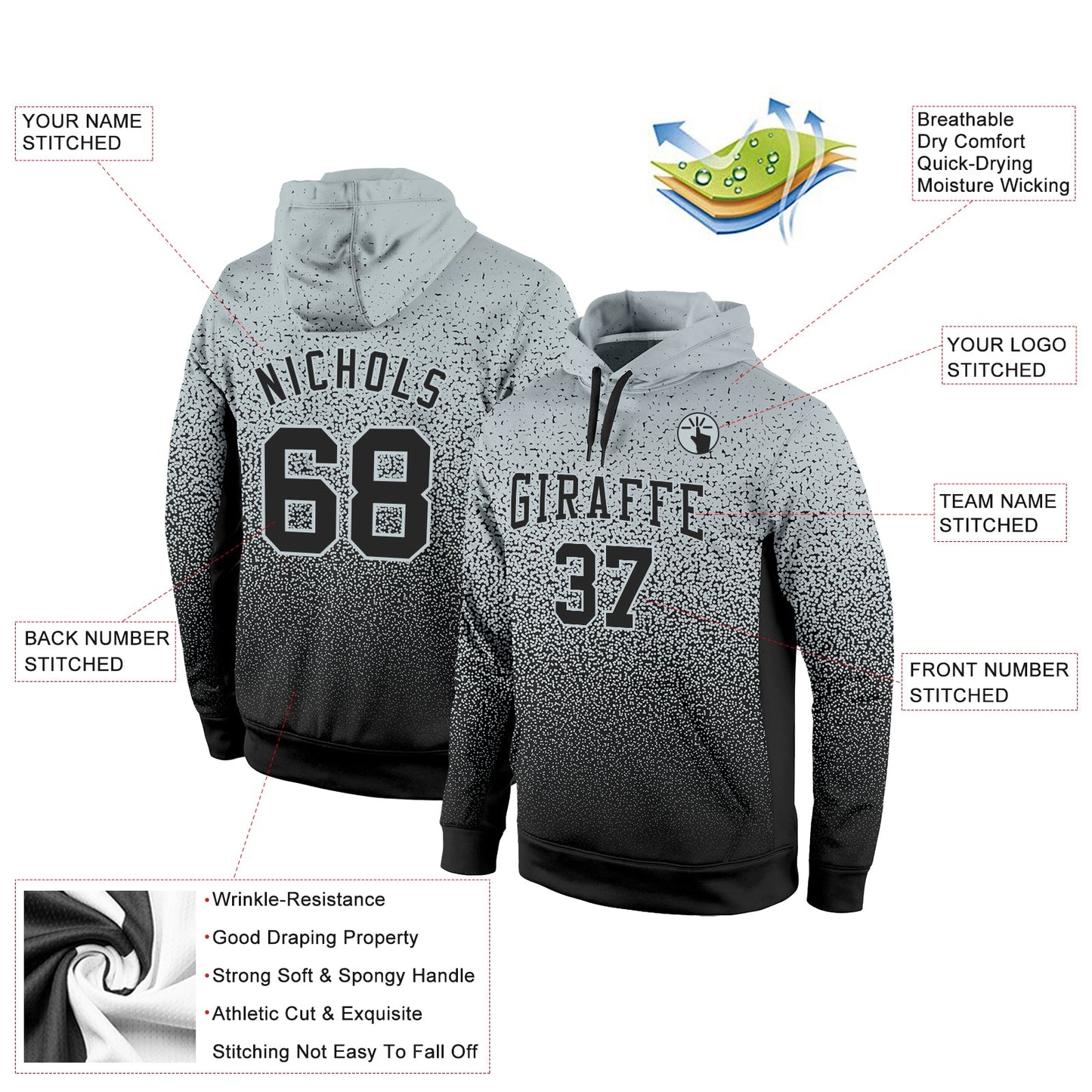 Custom Stitched Silver Black Fade Fashion Sports Pullover Sweatshirt Hoodie view 2