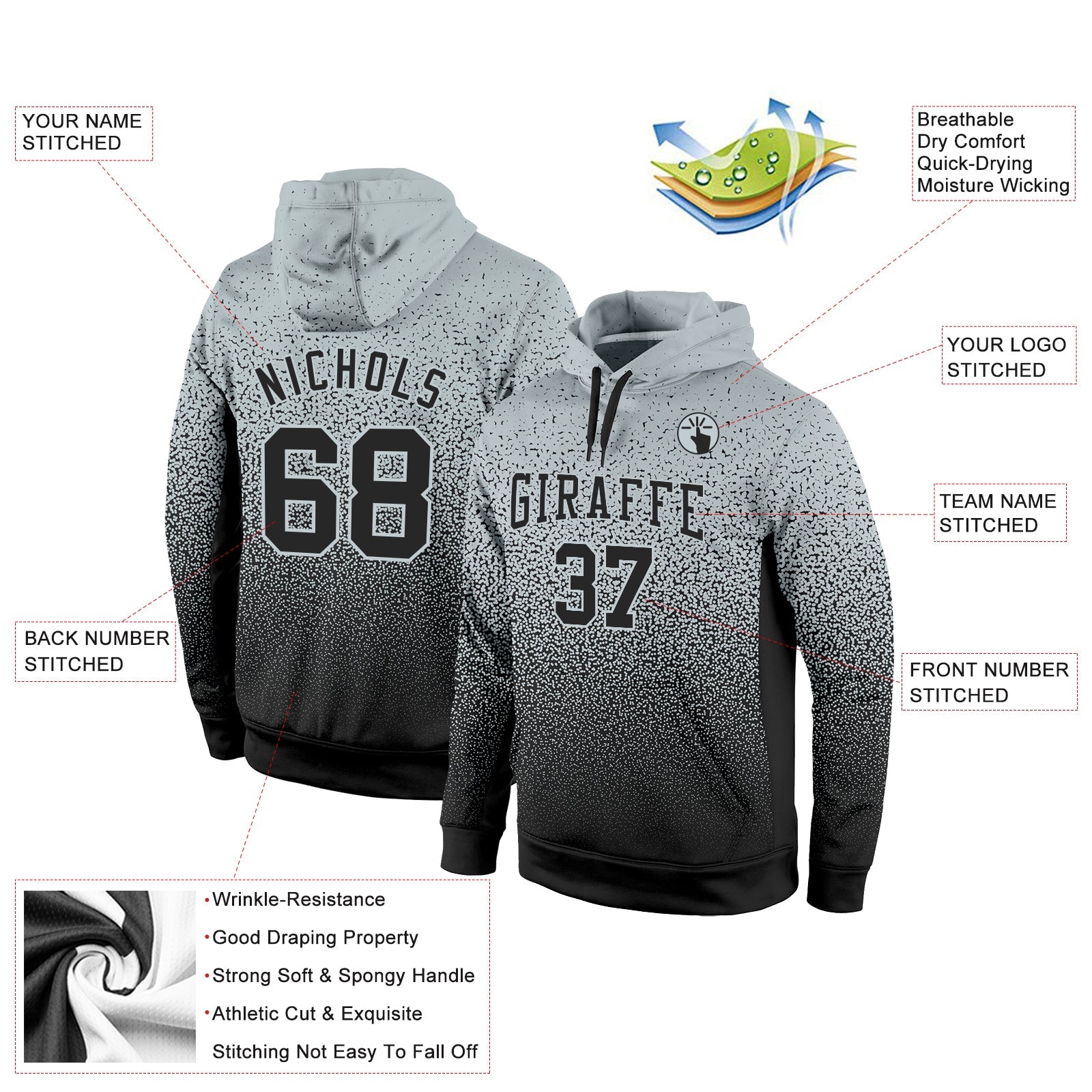 Custom Stitched Silver Black Fade Fashion Sports Pullover Sweatshirt Hoodie view 2