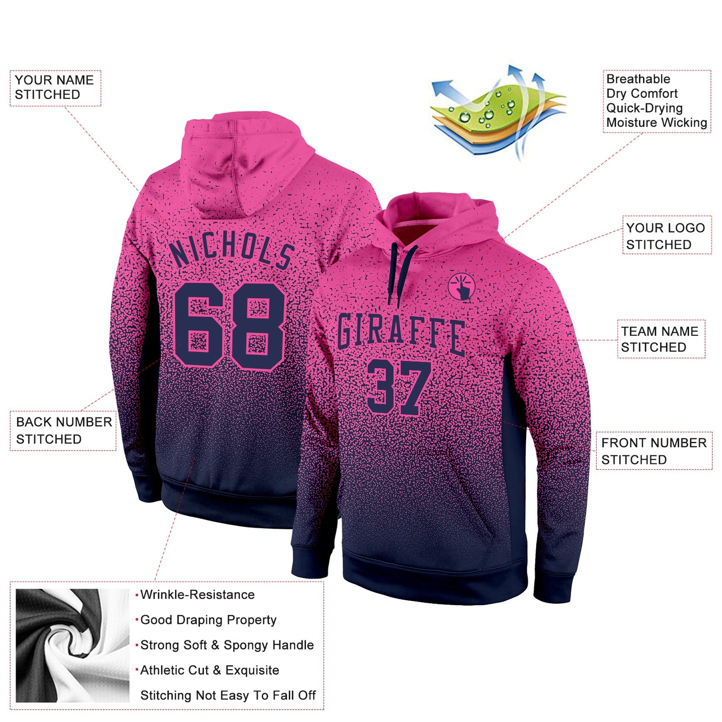 Custom Stitched Pink Navy Fade Fashion Sports Pullover Sweatshirt Hoodie view 2