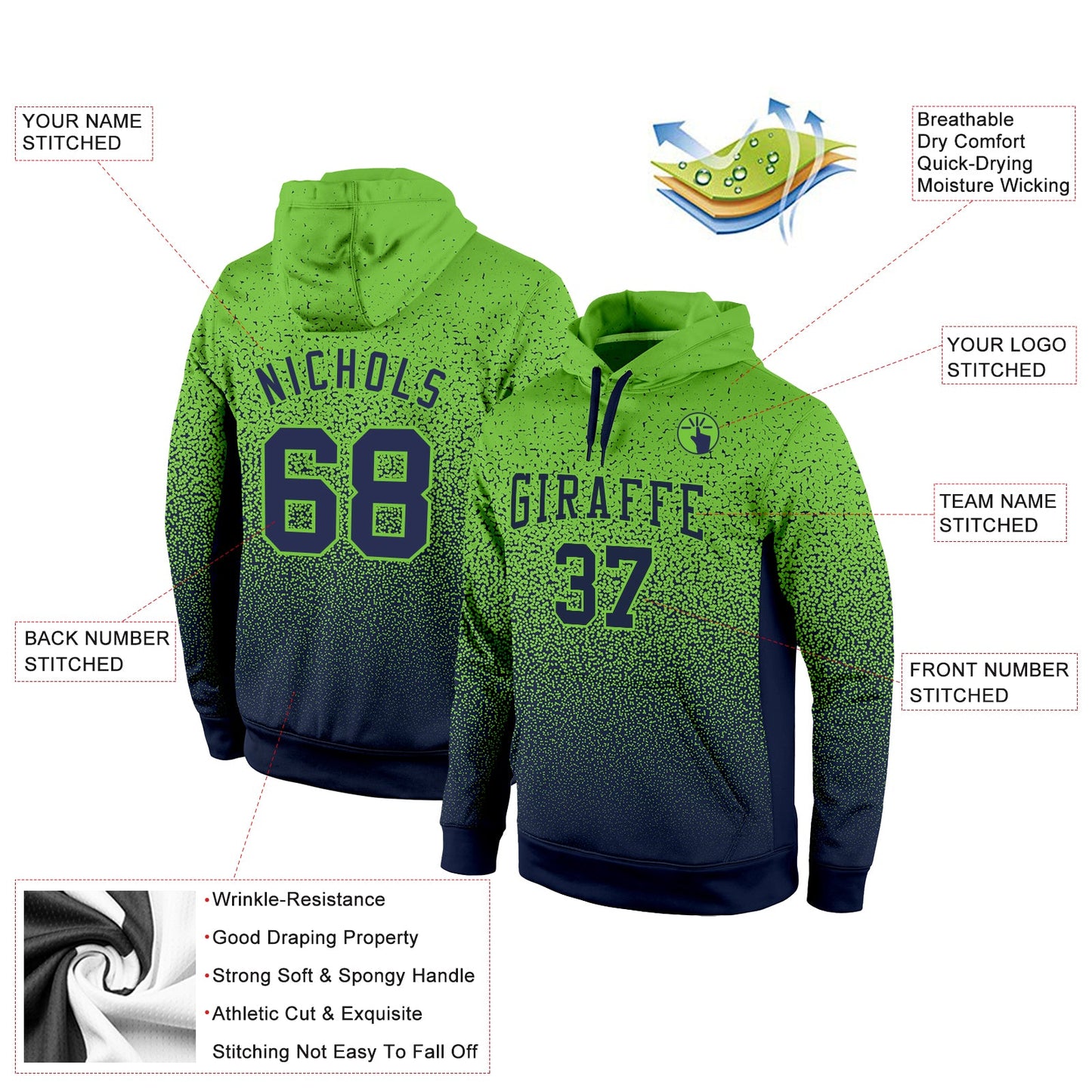 Custom Stitched Neon Green Navy Fade Fashion Sports Pullover Sweatshirt Hoodie view 2