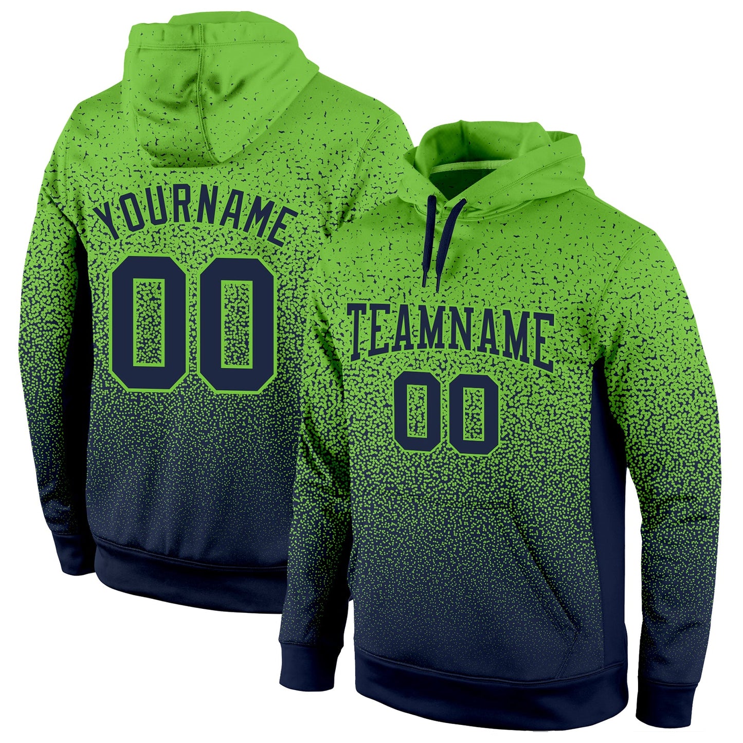 Custom Stitched Neon Green Navy Fade Fashion Sports Pullover Sweatshirt Hoodie - Main View
