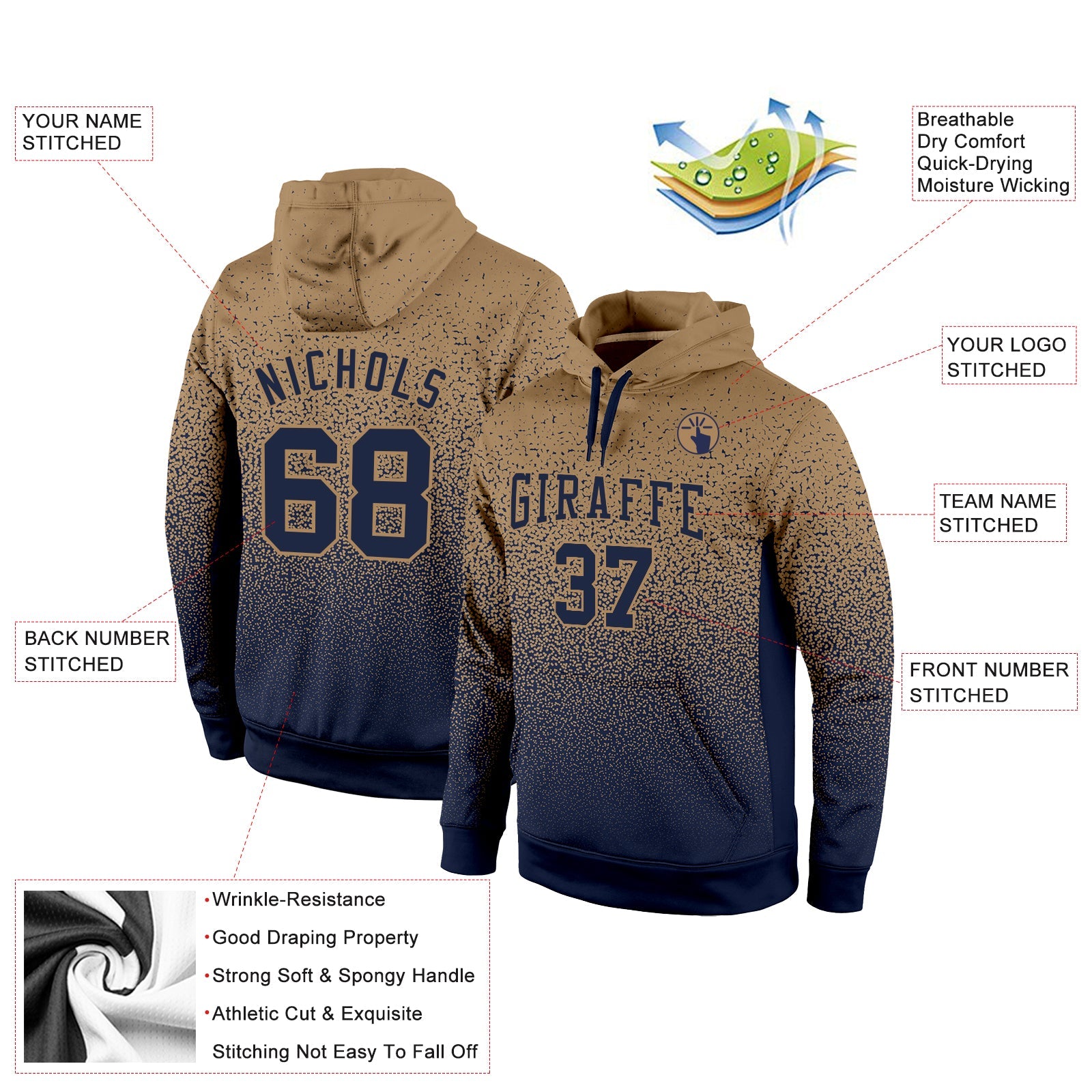 Custom Stitched Old Gold Navy Fade Fashion Sports Pullover Sweatshirt Hoodie view 2