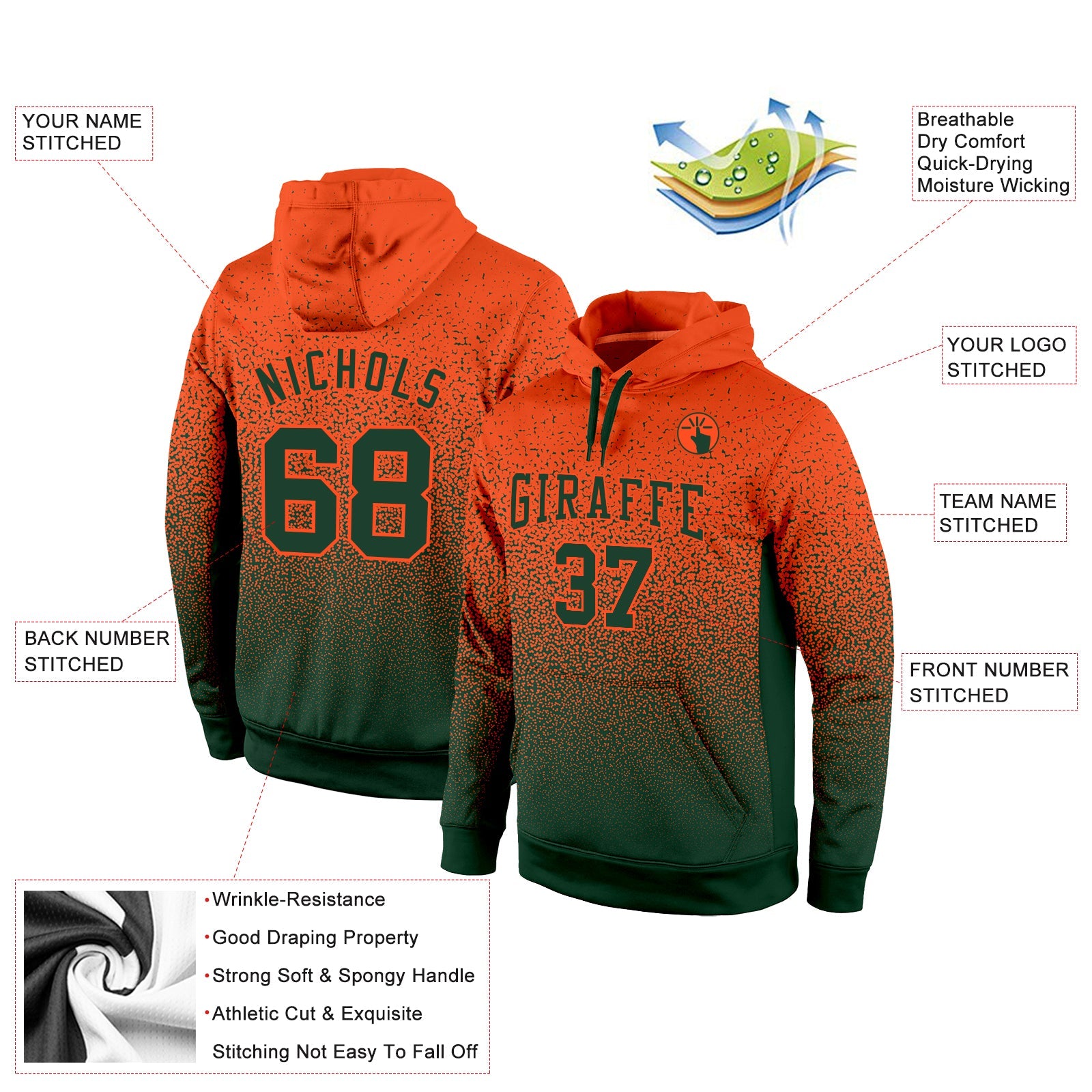 Custom Stitched Orange Green Fade Fashion Sports Pullover Sweatshirt Hoodie view 2