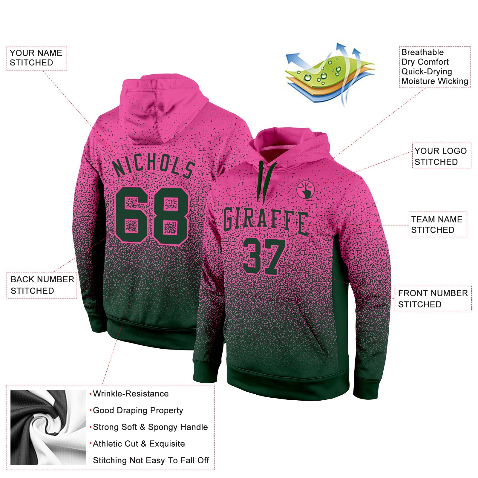 Custom Stitched Pink Green Fade Fashion Sports Pullover Sweatshirt Hoodie view 2