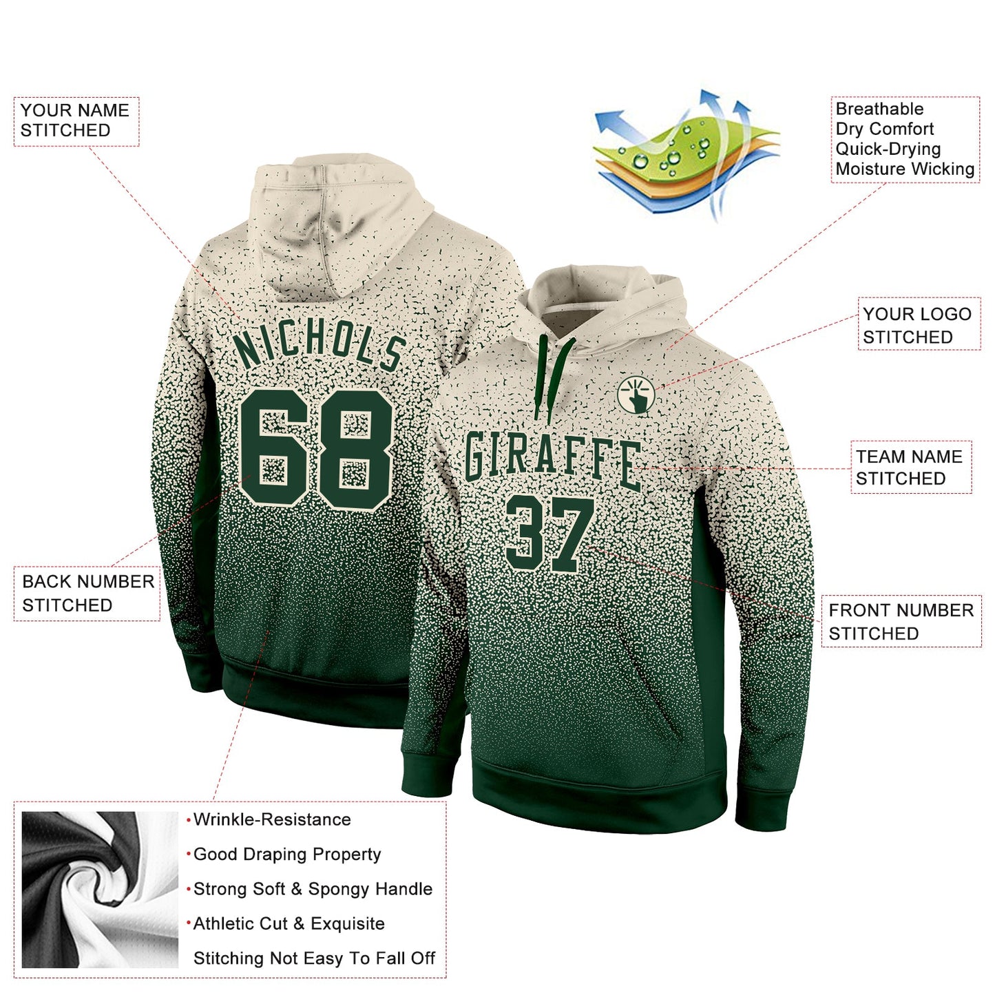 Custom Stitched Cream Green Fade Fashion Sports Pullover Sweatshirt Hoodie view 2