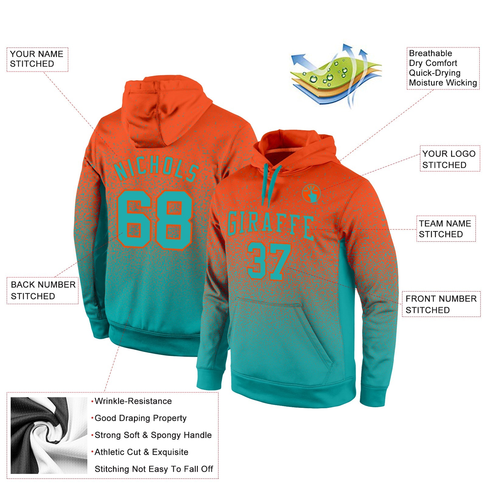 Custom Stitched Orange Aqua Fade Fashion Sports Pullover Sweatshirt Hoodie view 2