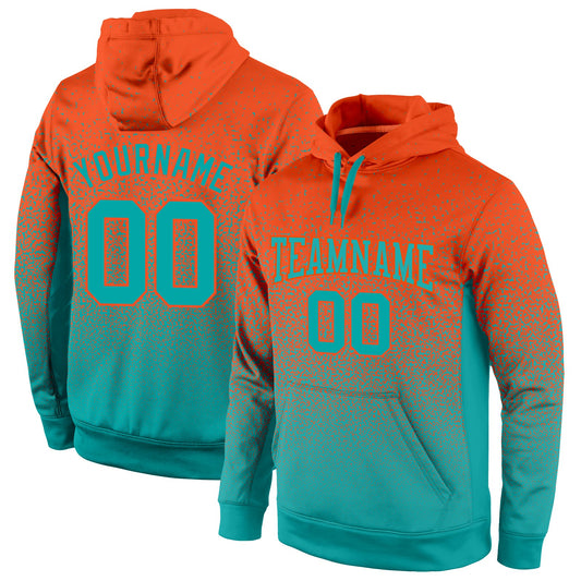 Custom Stitched Orange Aqua Fade Fashion Sports Pullover Sweatshirt Hoodie - Main View