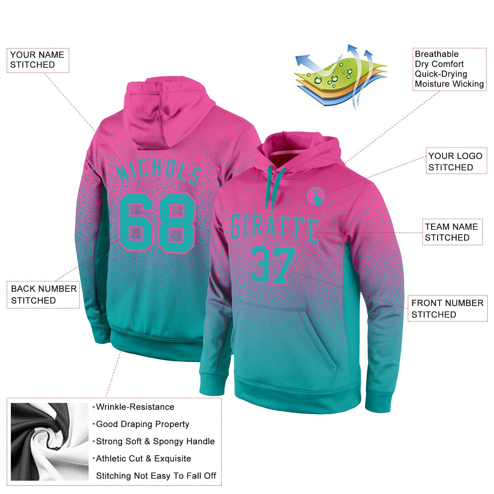 Custom Stitched Pink Aqua Fade Fashion Sports Pullover Sweatshirt Hoodie view 2