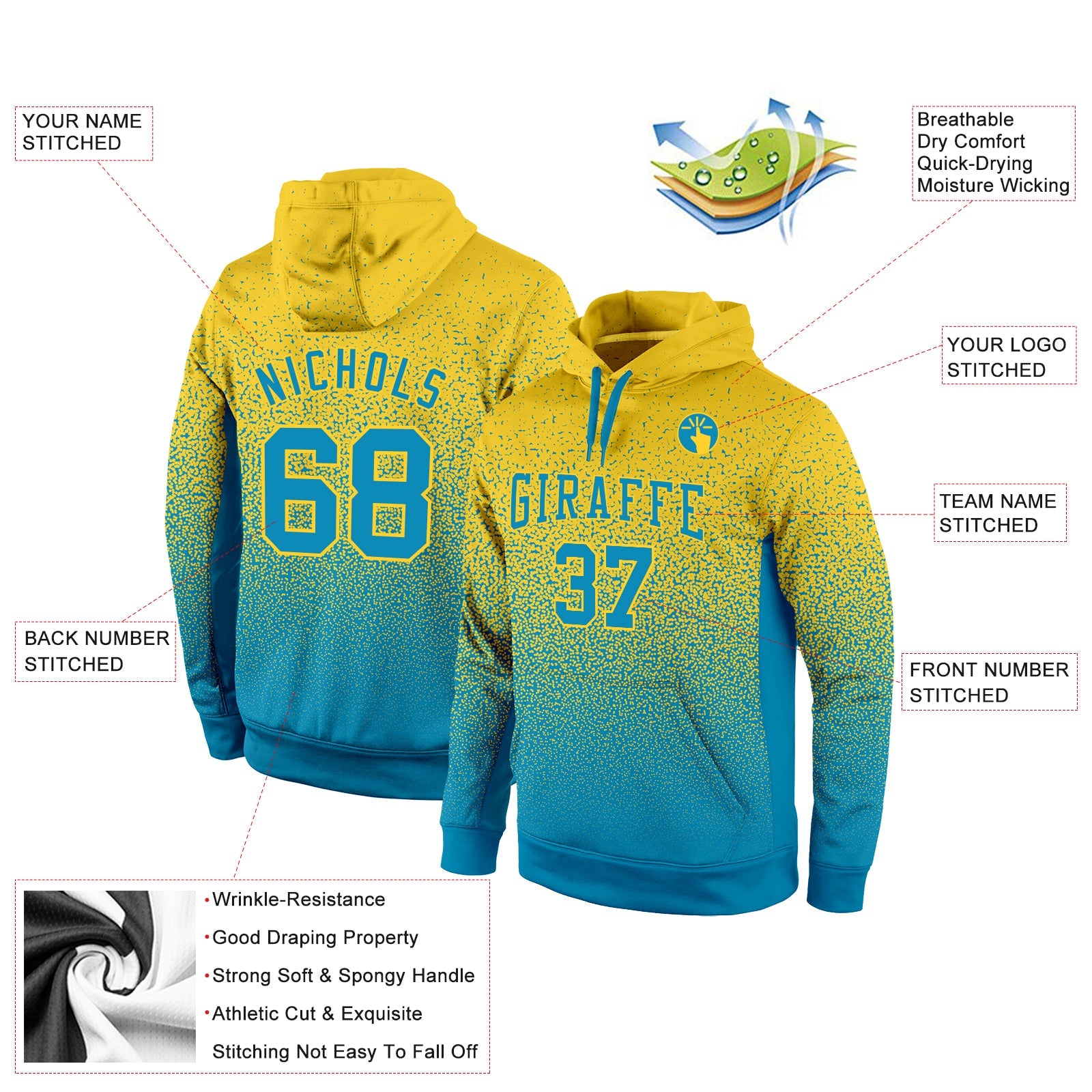Custom Stitched Gold Panther Blue Fade Fashion Sports Pullover Sweatshirt Hoodie view 2