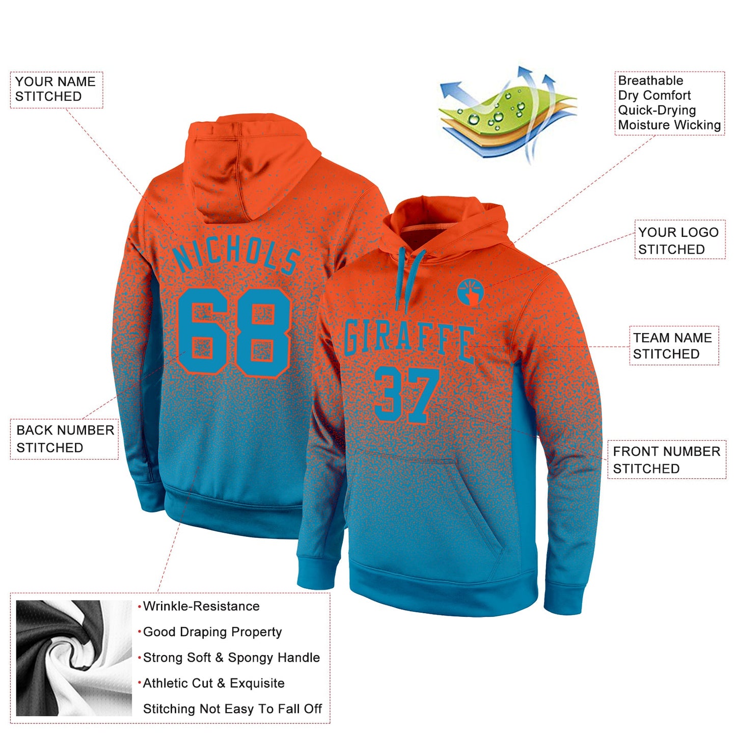 Custom Stitched Orange Panther Blue Fade Fashion Sports Pullover Sweatshirt Hoodie view 2