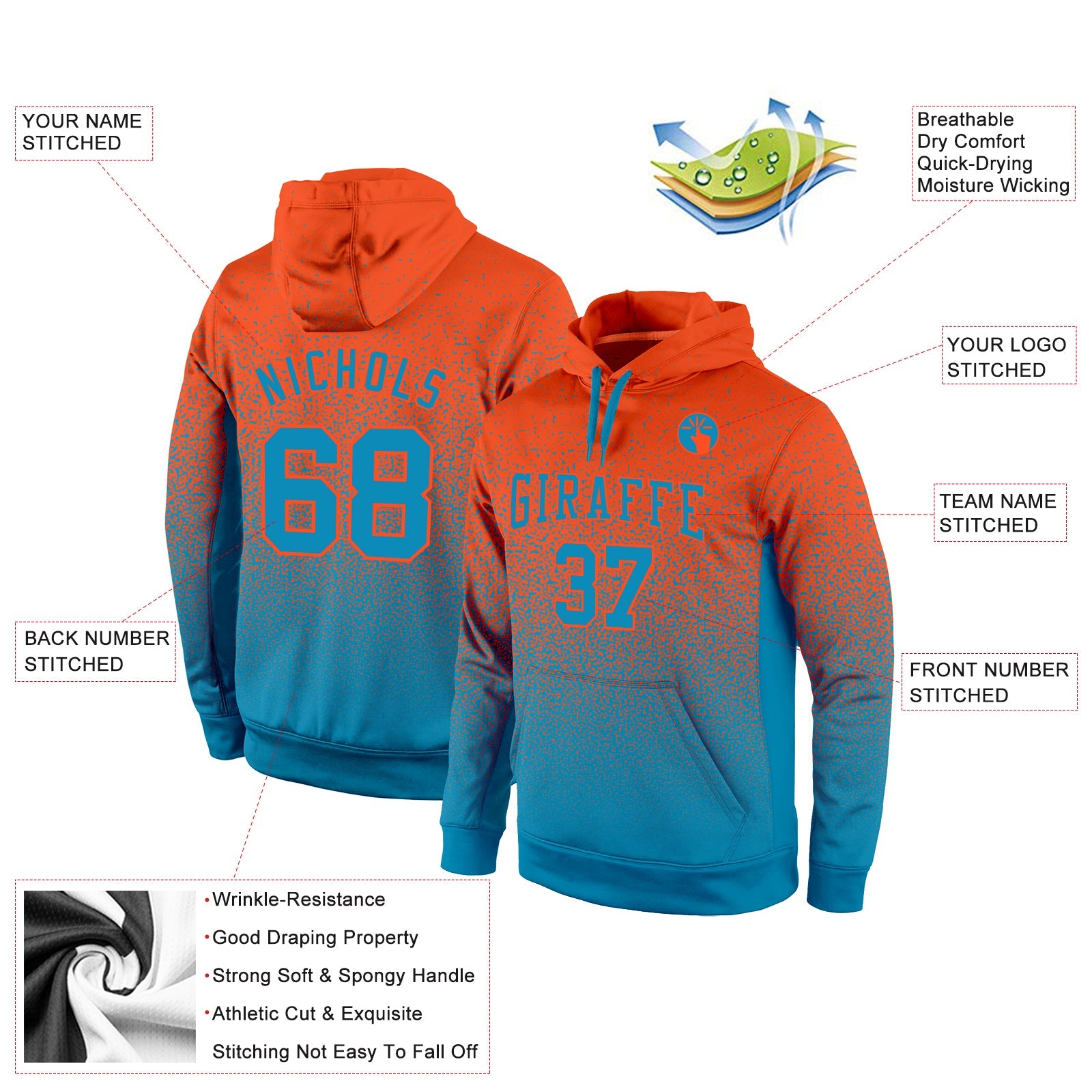 Custom Stitched Orange Panther Blue Fade Fashion Sports Pullover Sweatshirt Hoodie view 2