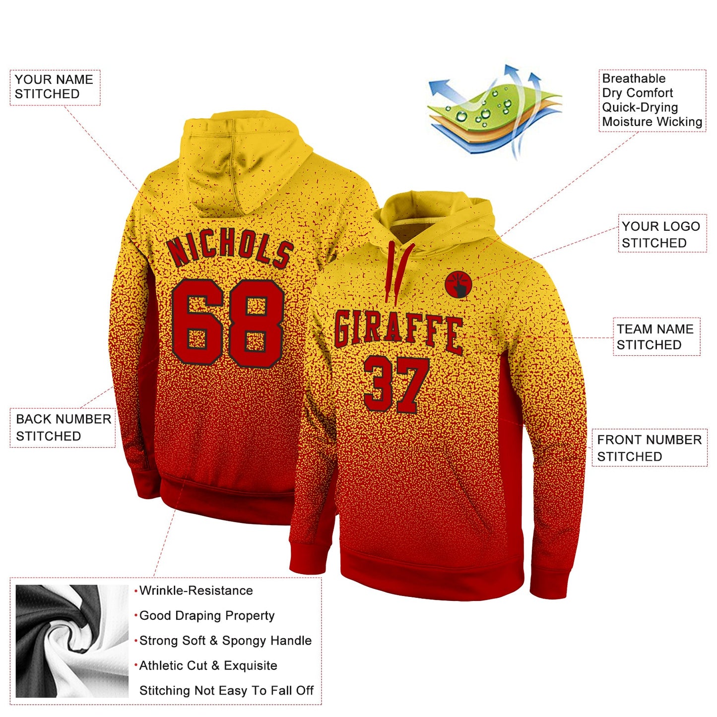 Custom Stitched Gold Red-Black Fade Fashion Sports Pullover Sweatshirt Hoodie view 2