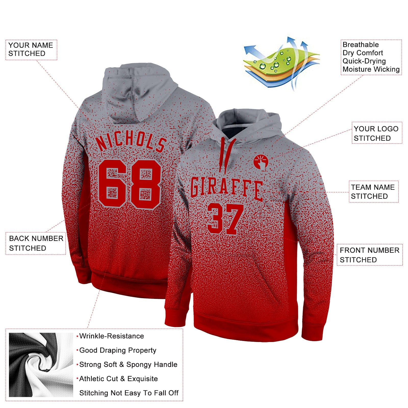 Custom Stitched Gray Red Fade Fashion Sports Pullover Sweatshirt Hoodie view 2