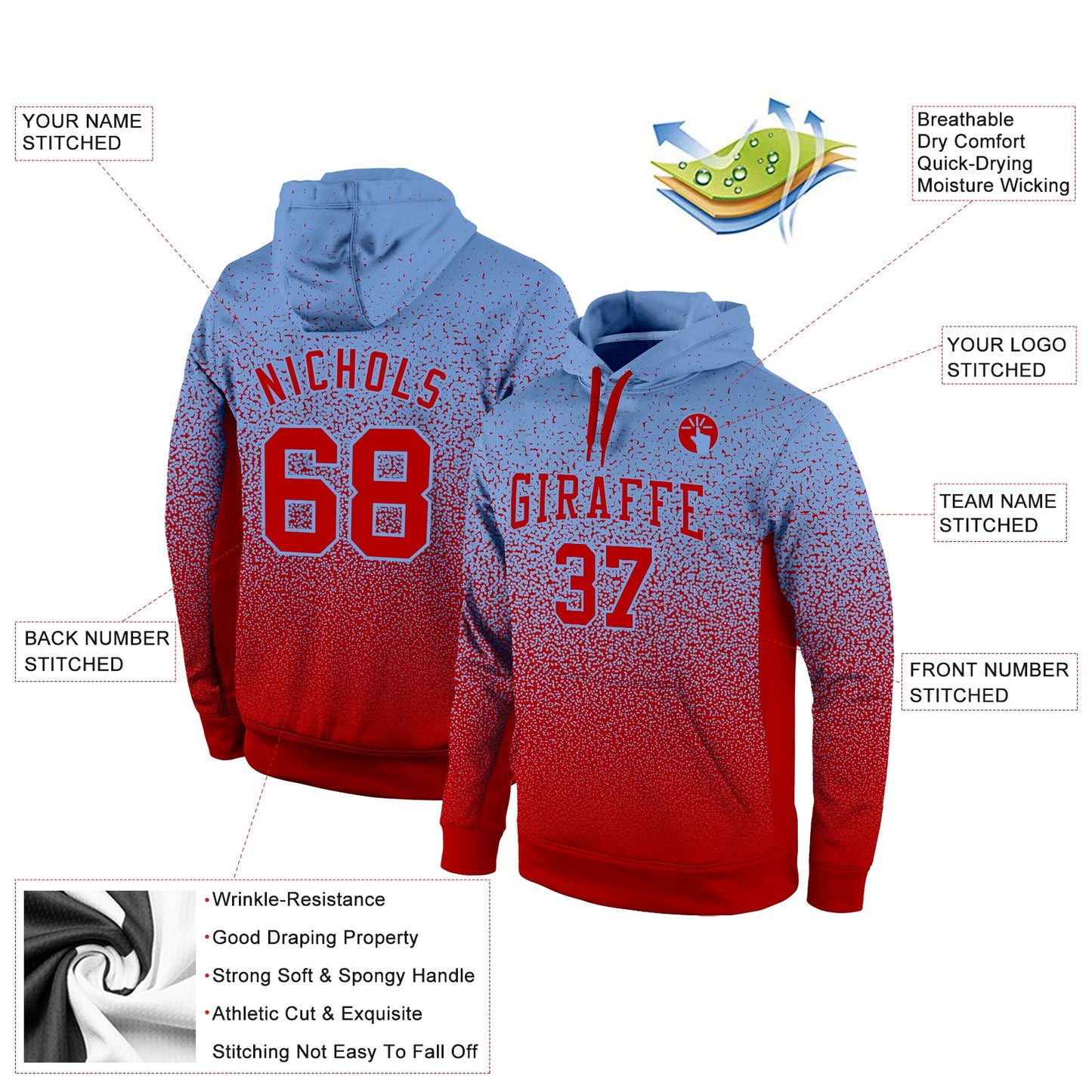 Custom Stitched Light Blue Red Fade Fashion Sports Pullover Sweatshirt Hoodie view 2