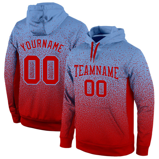 Custom Stitched Light Blue Red Fade Fashion Sports Pullover Sweatshirt Hoodie - Main View