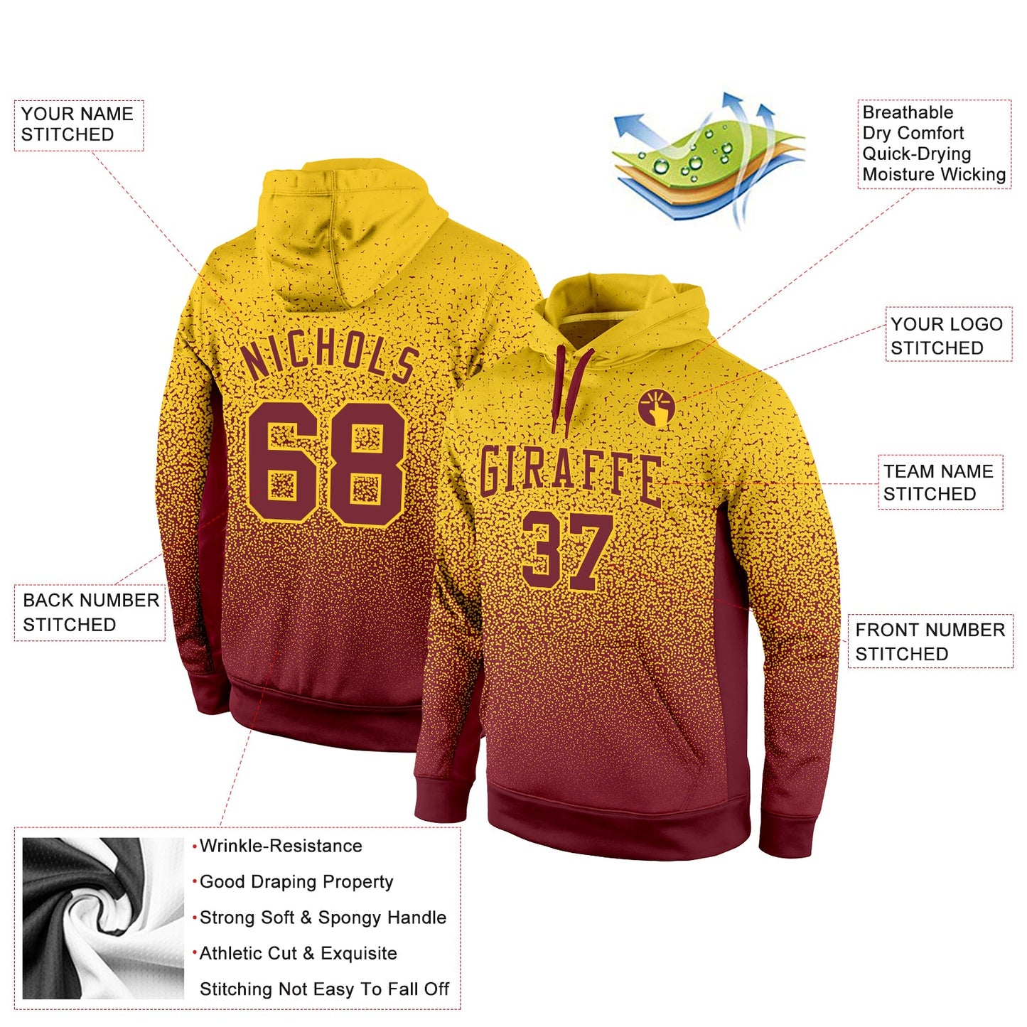 Custom Stitched Gold Burgundy Fade Fashion Sports Pullover Sweatshirt Hoodie view 2