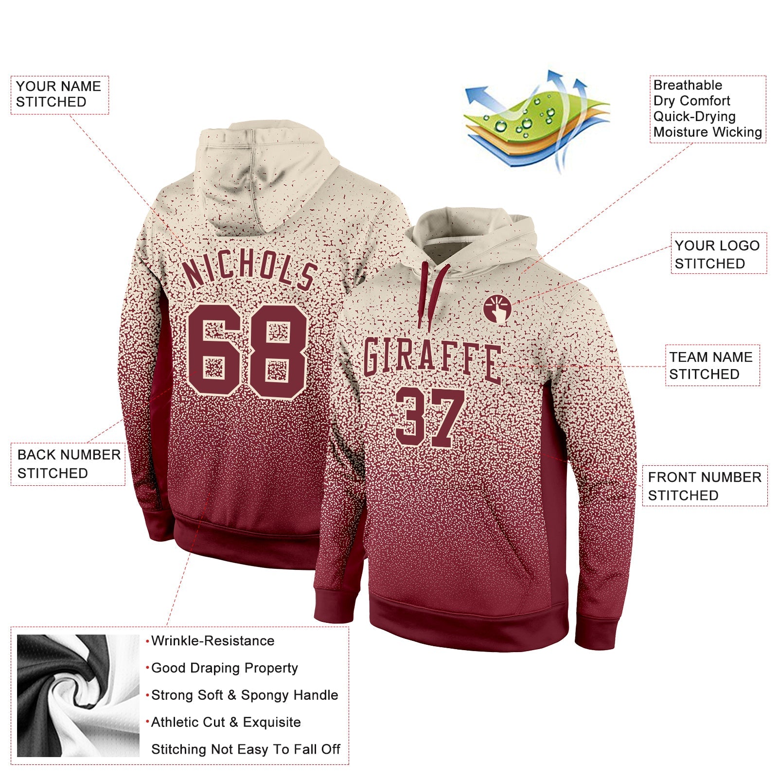Custom Stitched Cream Burgundy Fade Fashion Sports Pullover Sweatshirt Hoodie view 2