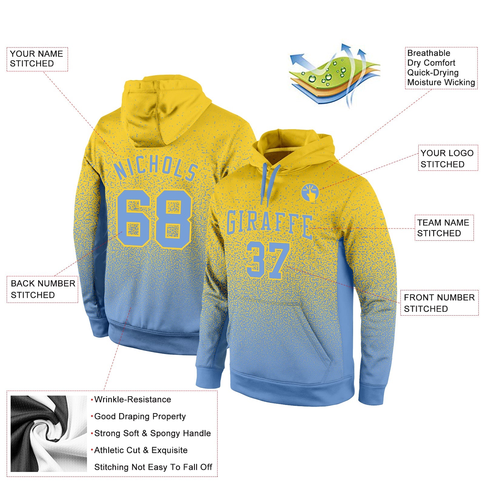 Custom Stitched Gold Light Blue Fade Fashion Sports Pullover Sweatshirt Hoodie view 2