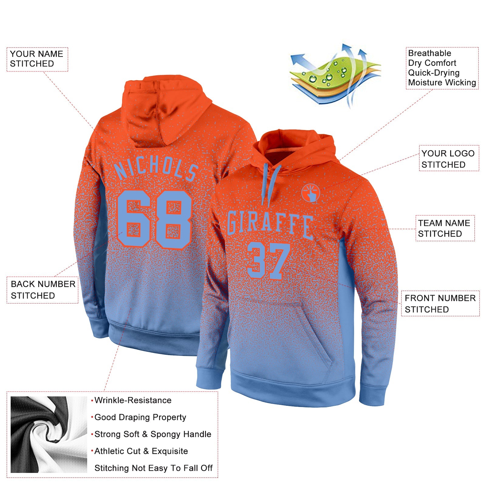 Custom Stitched Orange Light Blue Fade Fashion Sports Pullover Sweatshirt Hoodie view 2