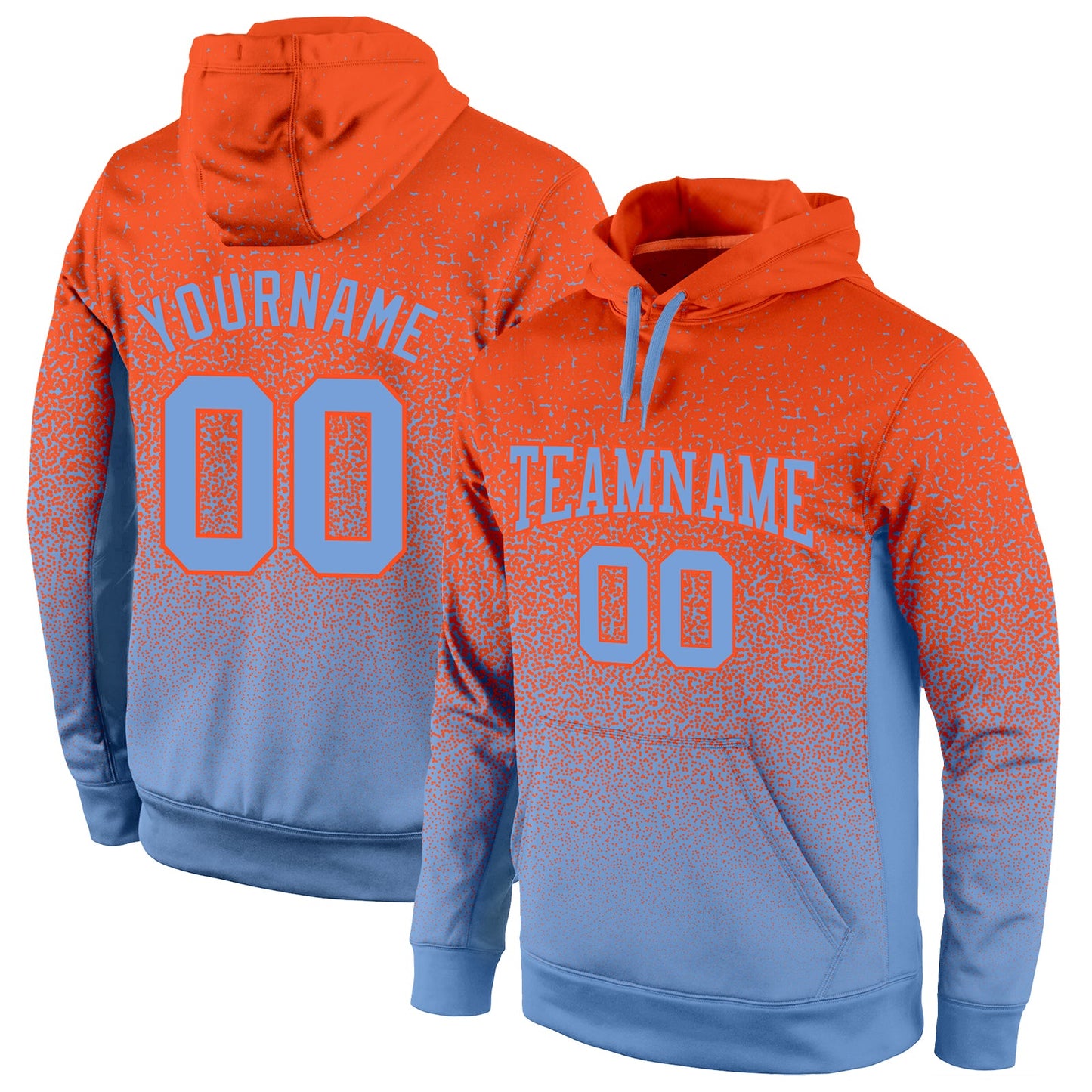 Custom Stitched Orange Light Blue Fade Fashion Sports Pullover Sweatshirt Hoodie - Main View