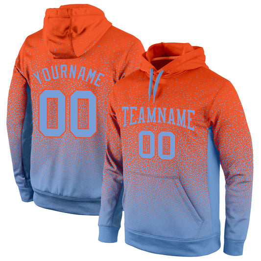 Custom Stitched Orange Light Blue Fade Fashion Sports Pullover Sweatshirt Hoodie - Main View
