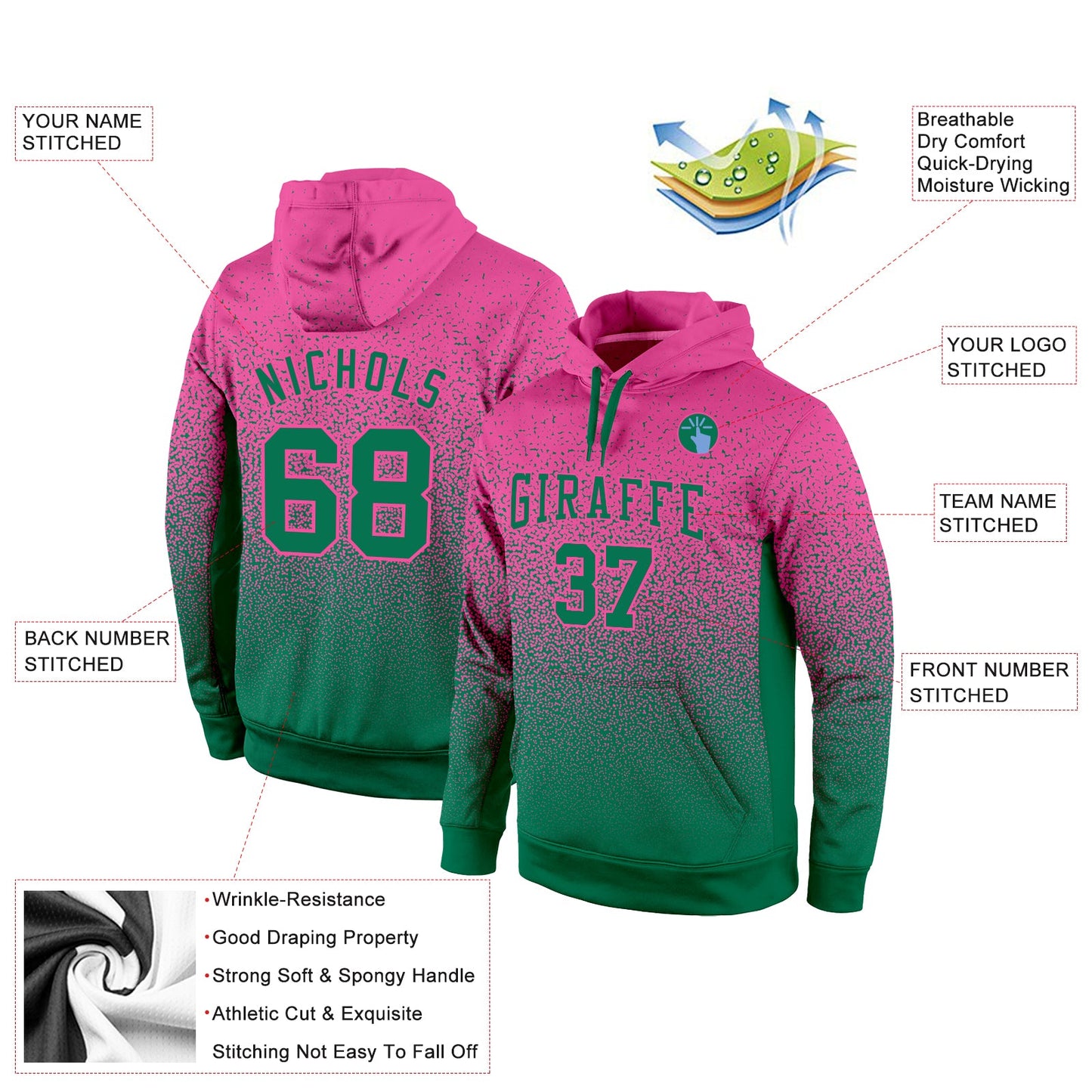 Custom Stitched Pink Kelly Green Fade Fashion Sports Pullover Sweatshirt Hoodie view 2