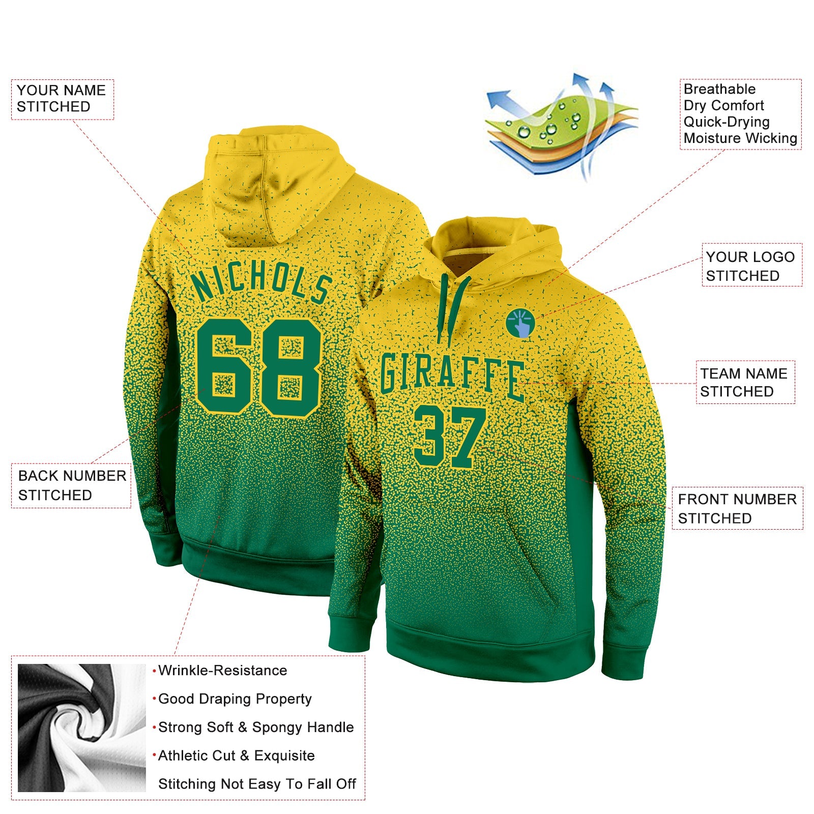 Custom Stitched Gold Kelly Green Fade Fashion Sports Pullover Sweatshirt Hoodie view 2