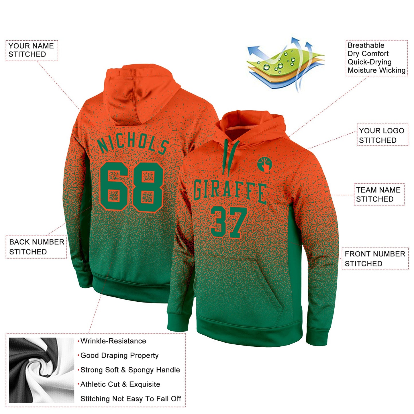 Custom Stitched Orange Kelly Green Fade Fashion Sports Pullover Sweatshirt Hoodie view 2