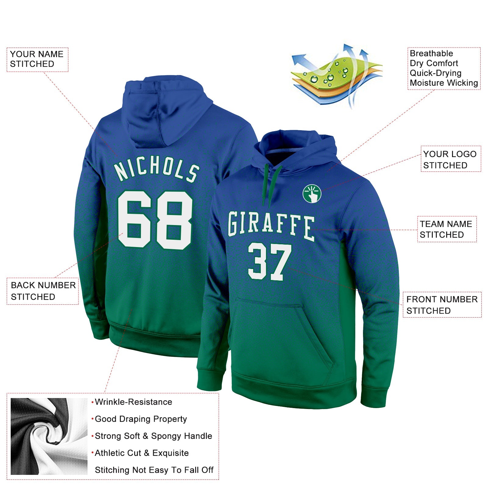 Custom Stitched Royal White-Kelly Green Fade Fashion Sports Pullover Sweatshirt Hoodie view 2