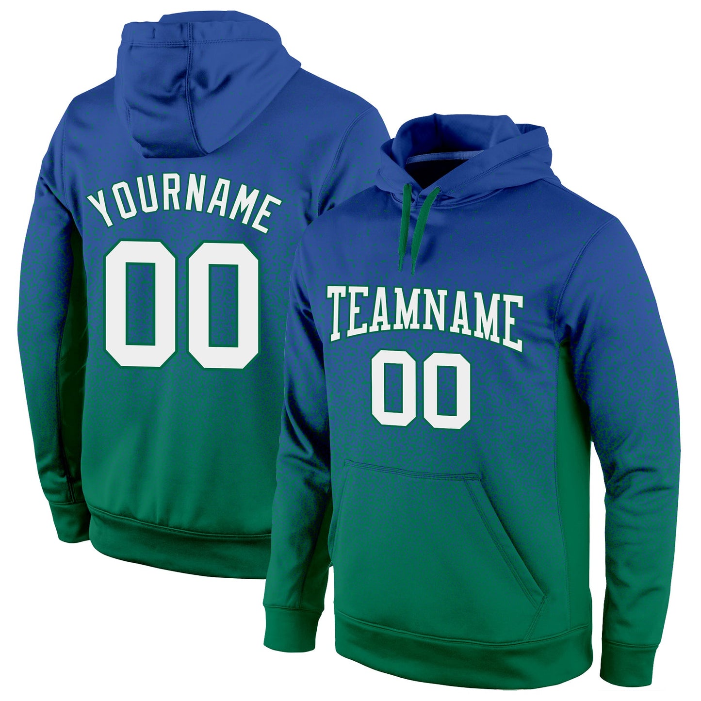 Custom Stitched Royal White-Kelly Green Fade Fashion Sports Pullover Sweatshirt Hoodie - Main View