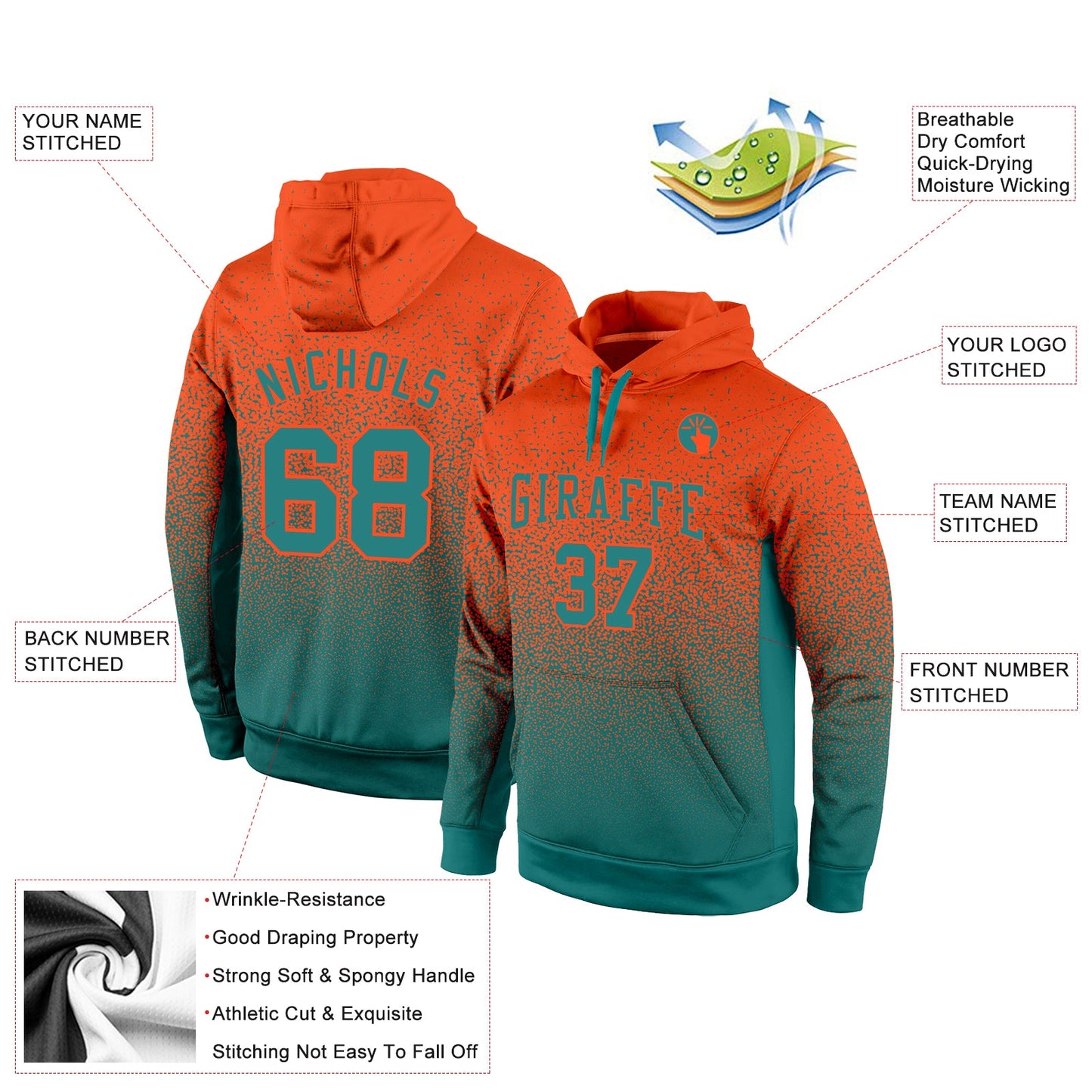 Custom Stitched Orange Aqua Fade Fashion Sports Pullover Sweatshirt Hoodie view 2