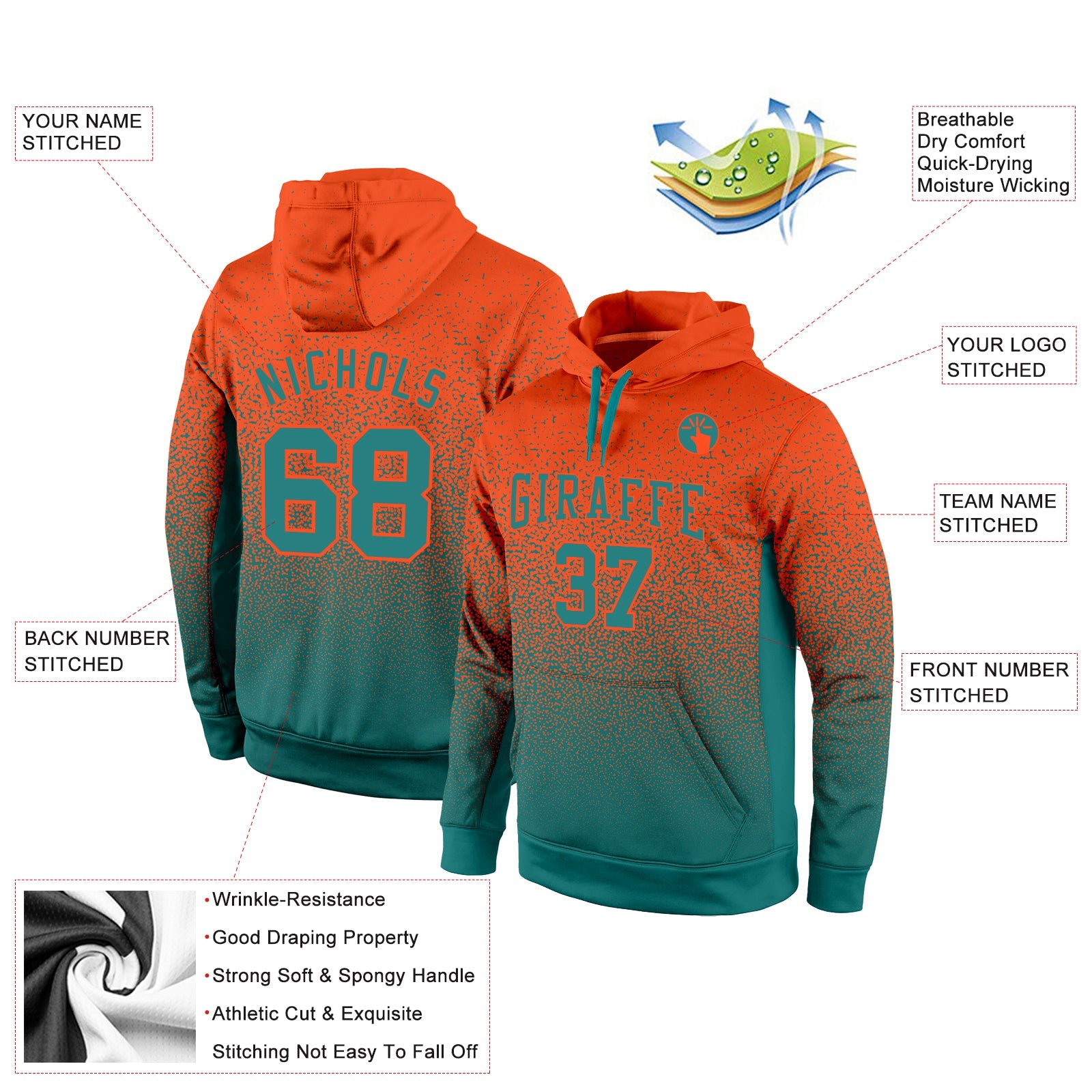 Custom Stitched Orange Aqua Fade Fashion Sports Pullover Sweatshirt Hoodie view 2
