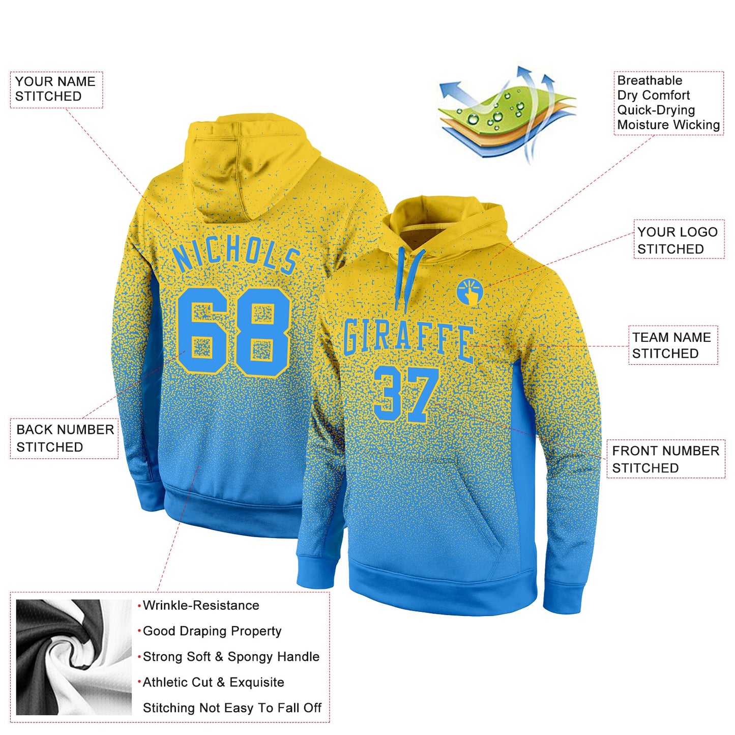 Custom Stitched Gold Powder Blue Fade Fashion Sports Pullover Sweatshirt Hoodie view 2