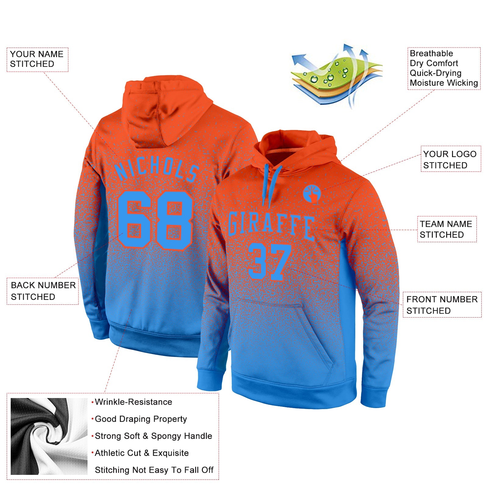Custom Stitched Orange Powder Blue Fade Fashion Sports Pullover Sweatshirt Hoodie view 2