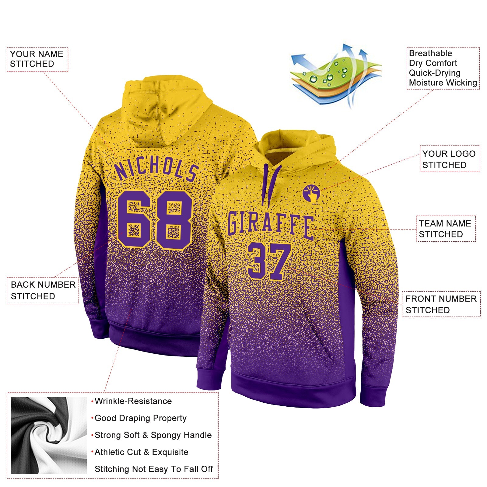Custom Stitched Gold Purple Fade Fashion Sports Pullover Sweatshirt Hoodie view 2
